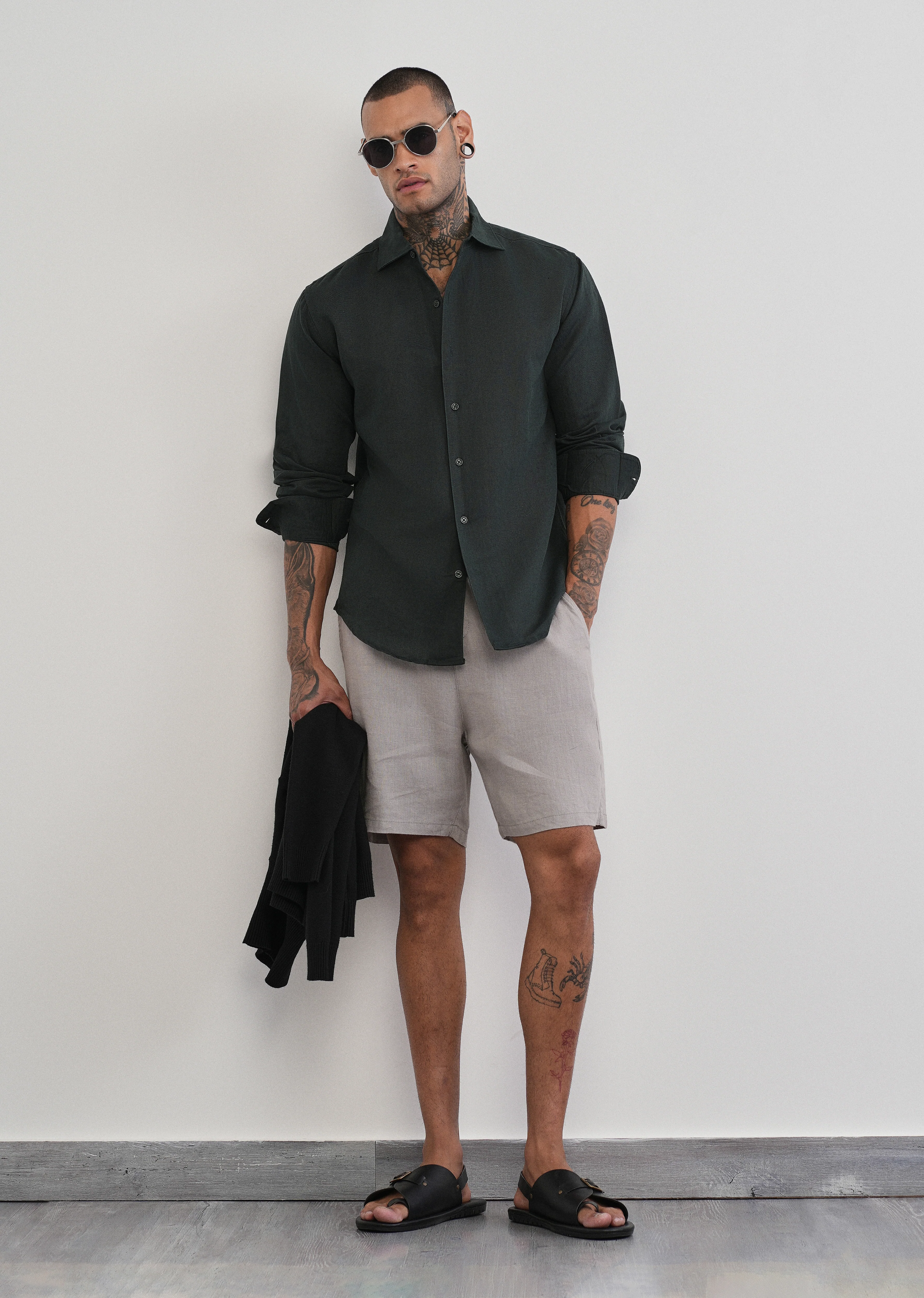 Dark Green Plain Cotton Linen Shirt - Image 6