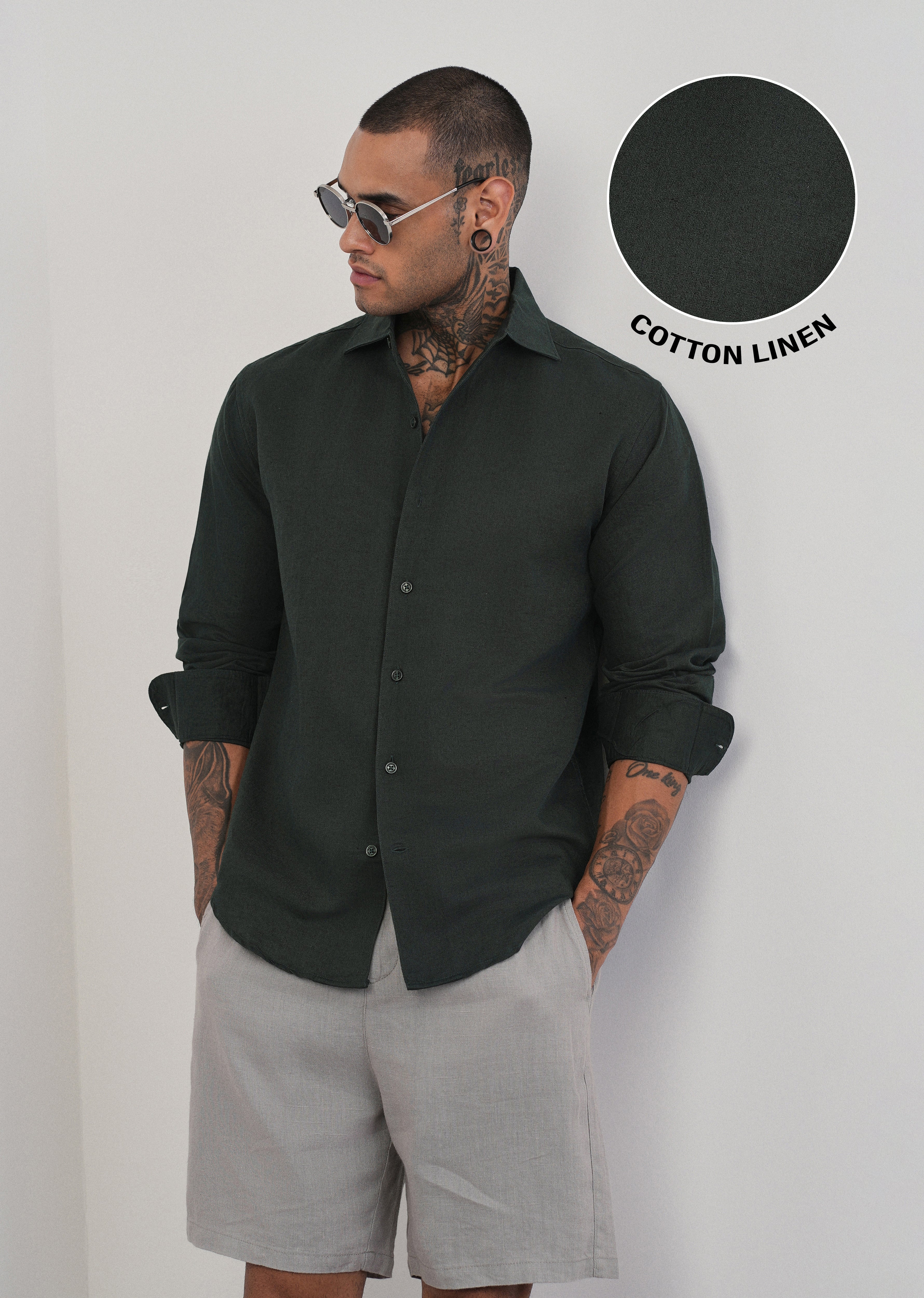Dark Green Plain Cotton Linen Shirt - Image 7