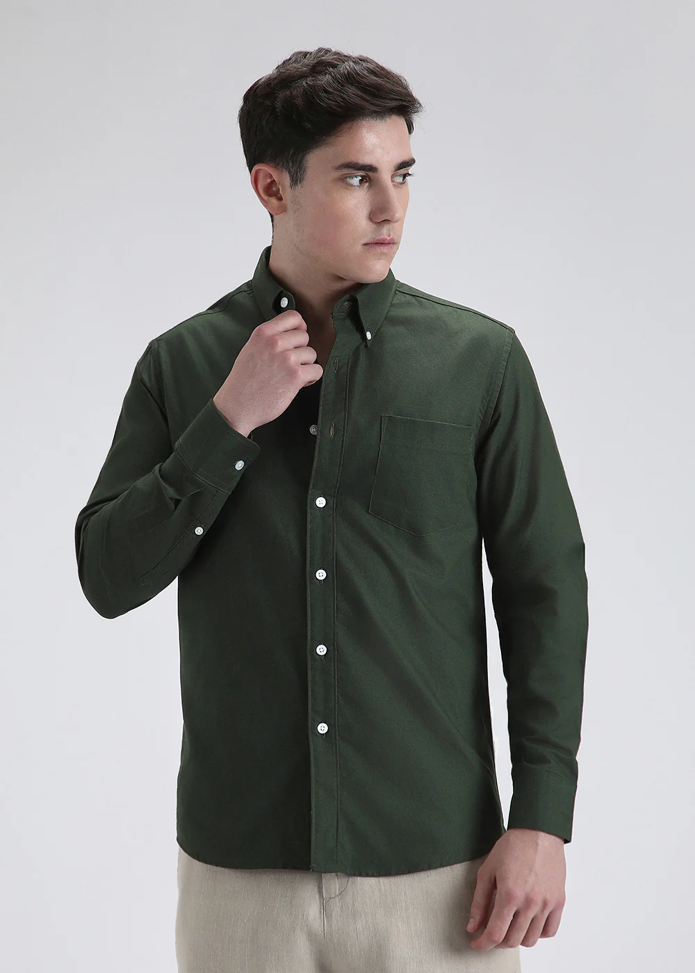 Dark Green Plain Cotton Oxford Shirt - Image 3