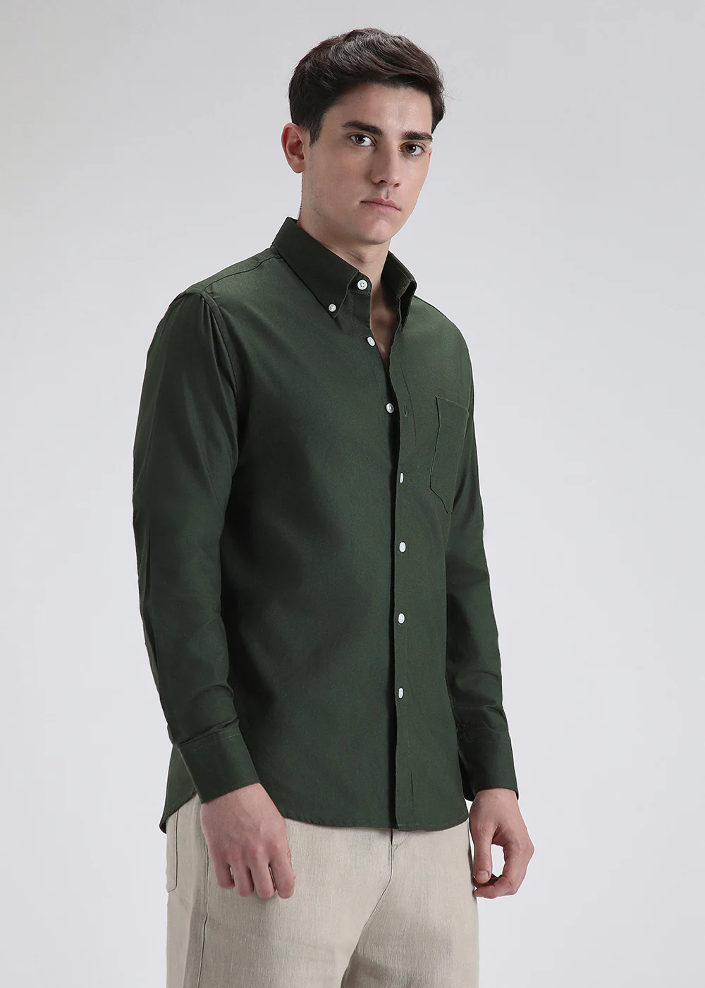 Dark Green Plain Cotton Oxford Shirt - Image 5