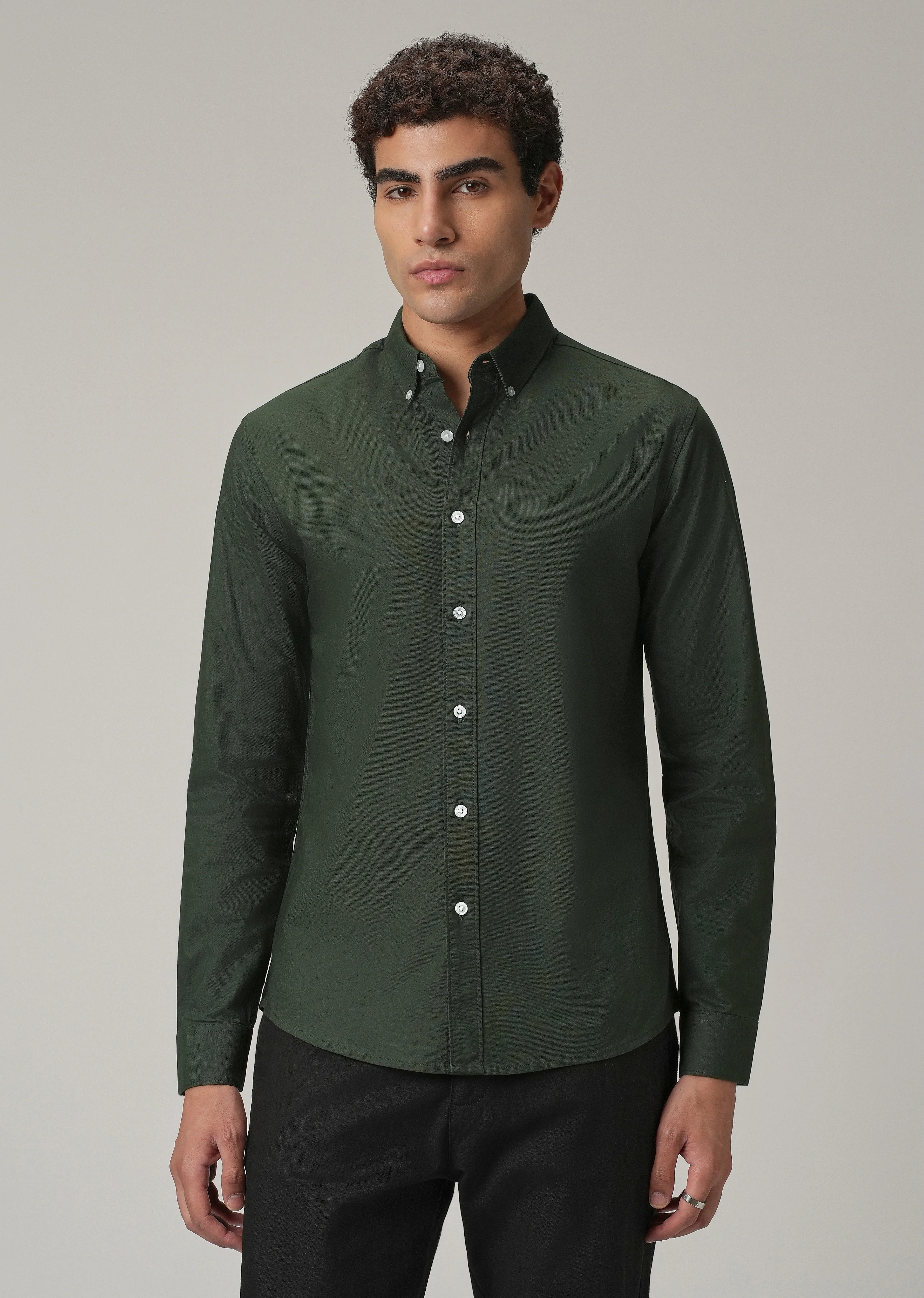Dark Green Plain Elbow Patch Oxford Shirt - Image 4
