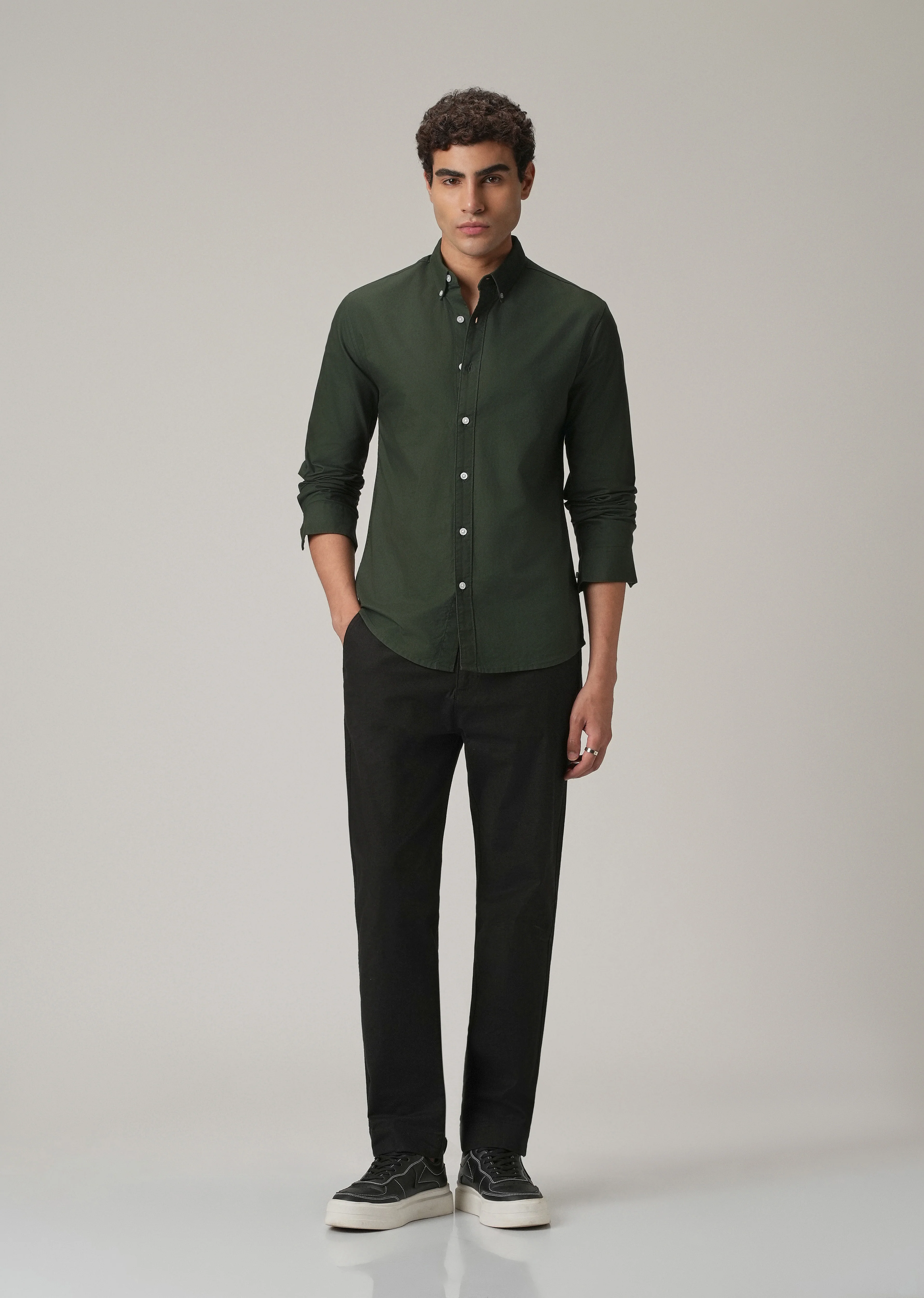 Dark Green Plain Elbow Patch Oxford Shirt - Image 7
