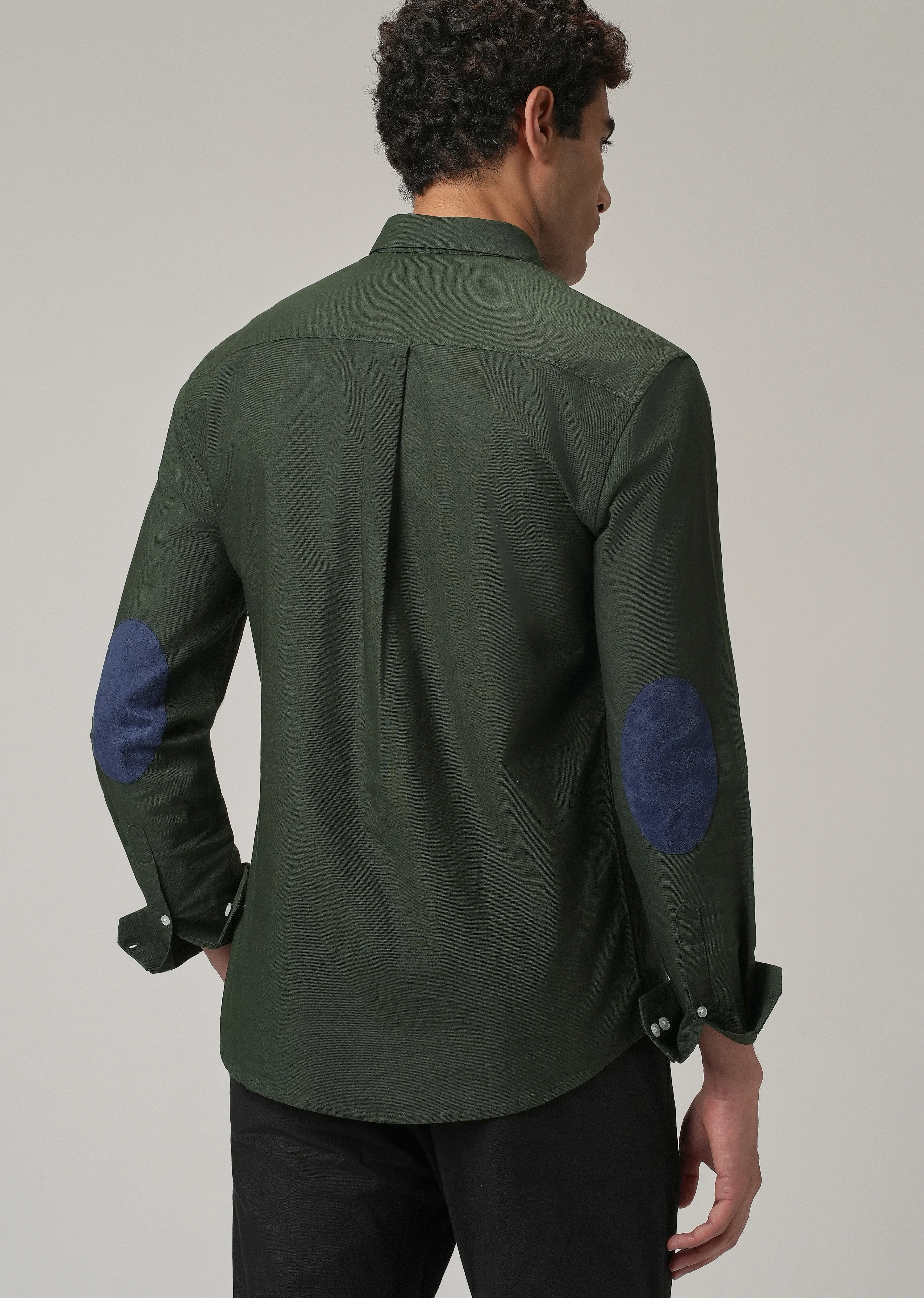 Dark Green Plain Elbow Patch Oxford Shirt - Image 8