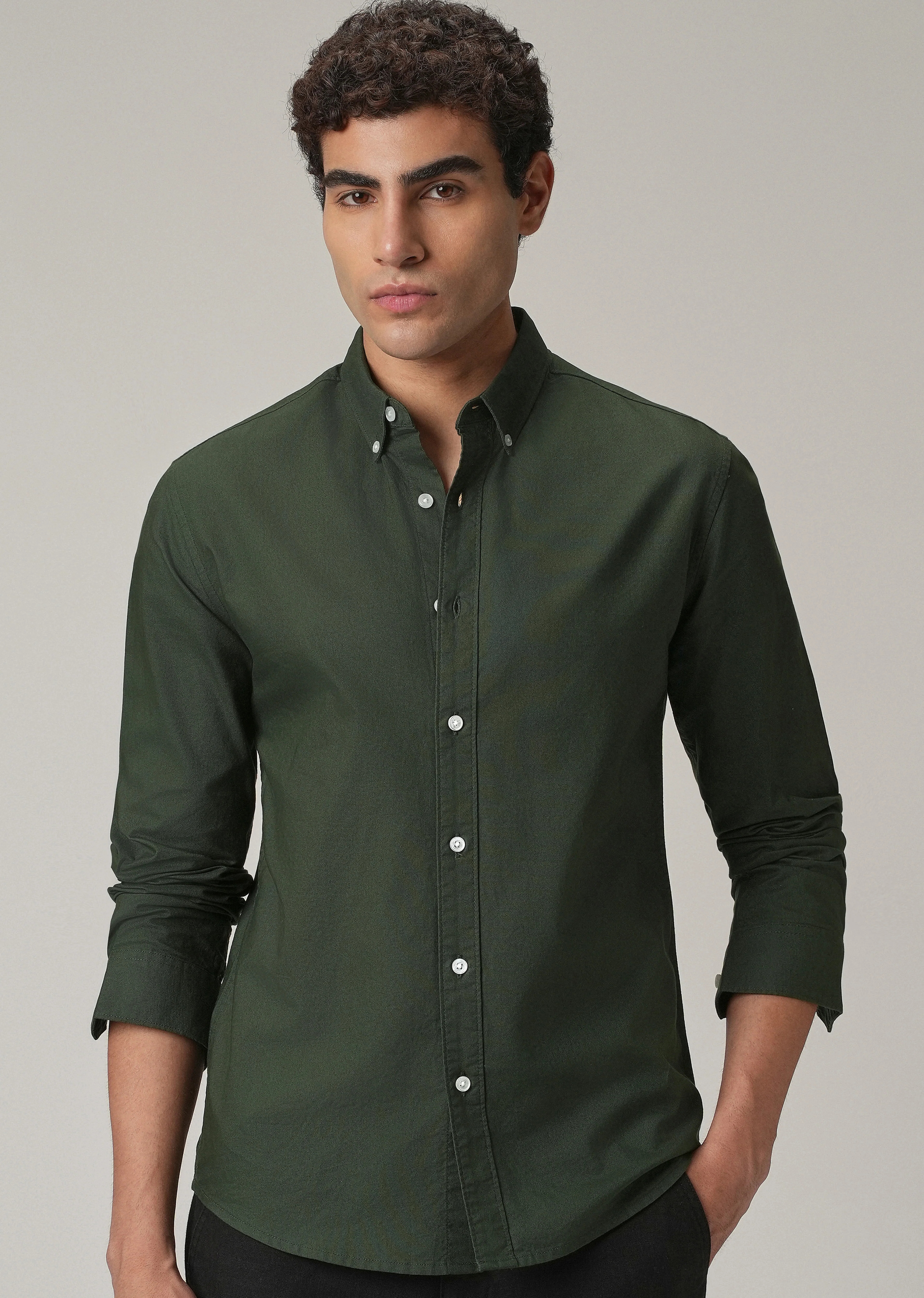 Dark Green Plain Elbow Patch Oxford Shirt - Image 9