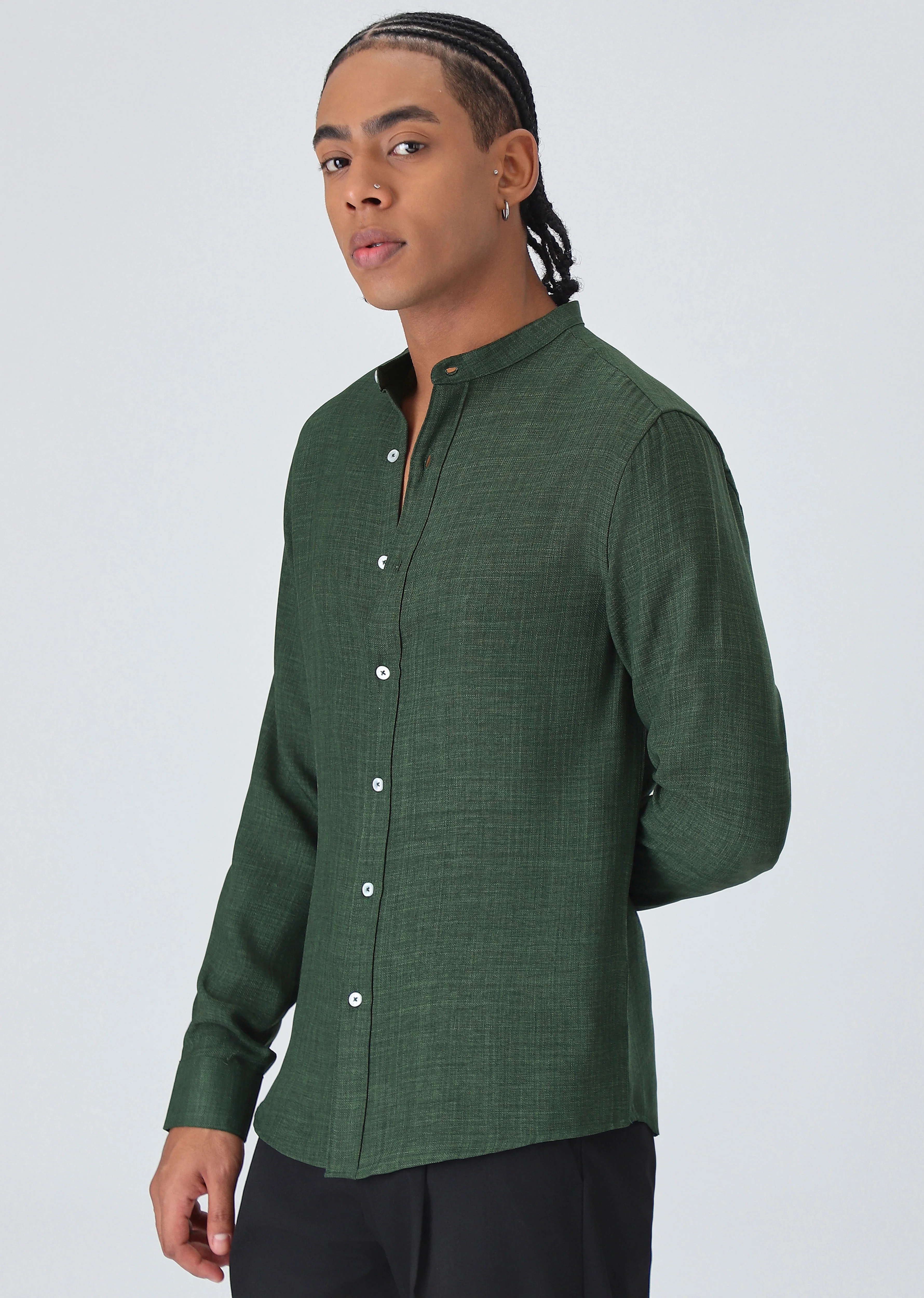 Dark Green Plain Mandarin Collar Shirt - Image 4