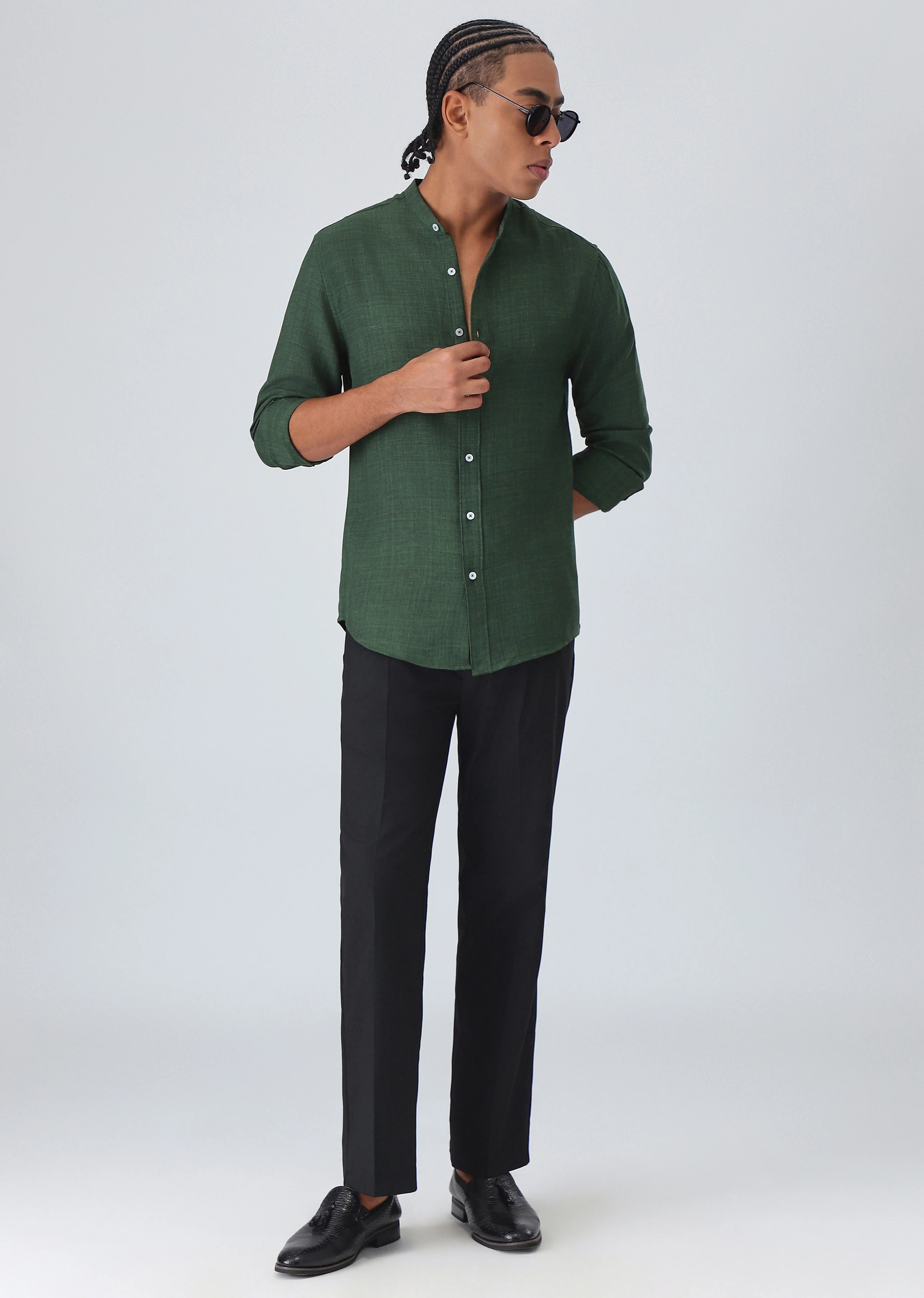 Dark Green Plain Mandarin Collar Shirt - Image 6