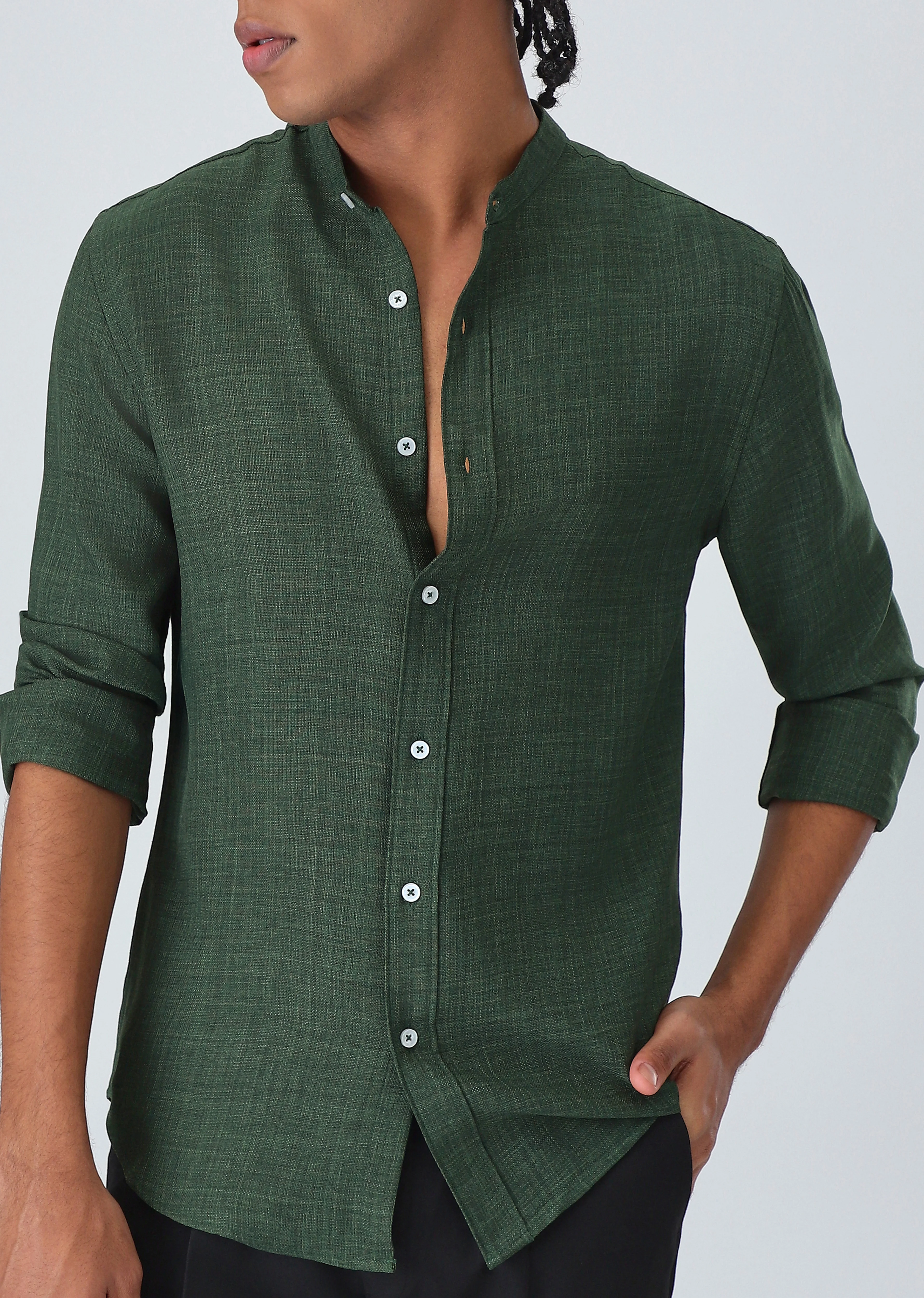 Dark Green Plain Mandarin Collar Shirt - Image 7