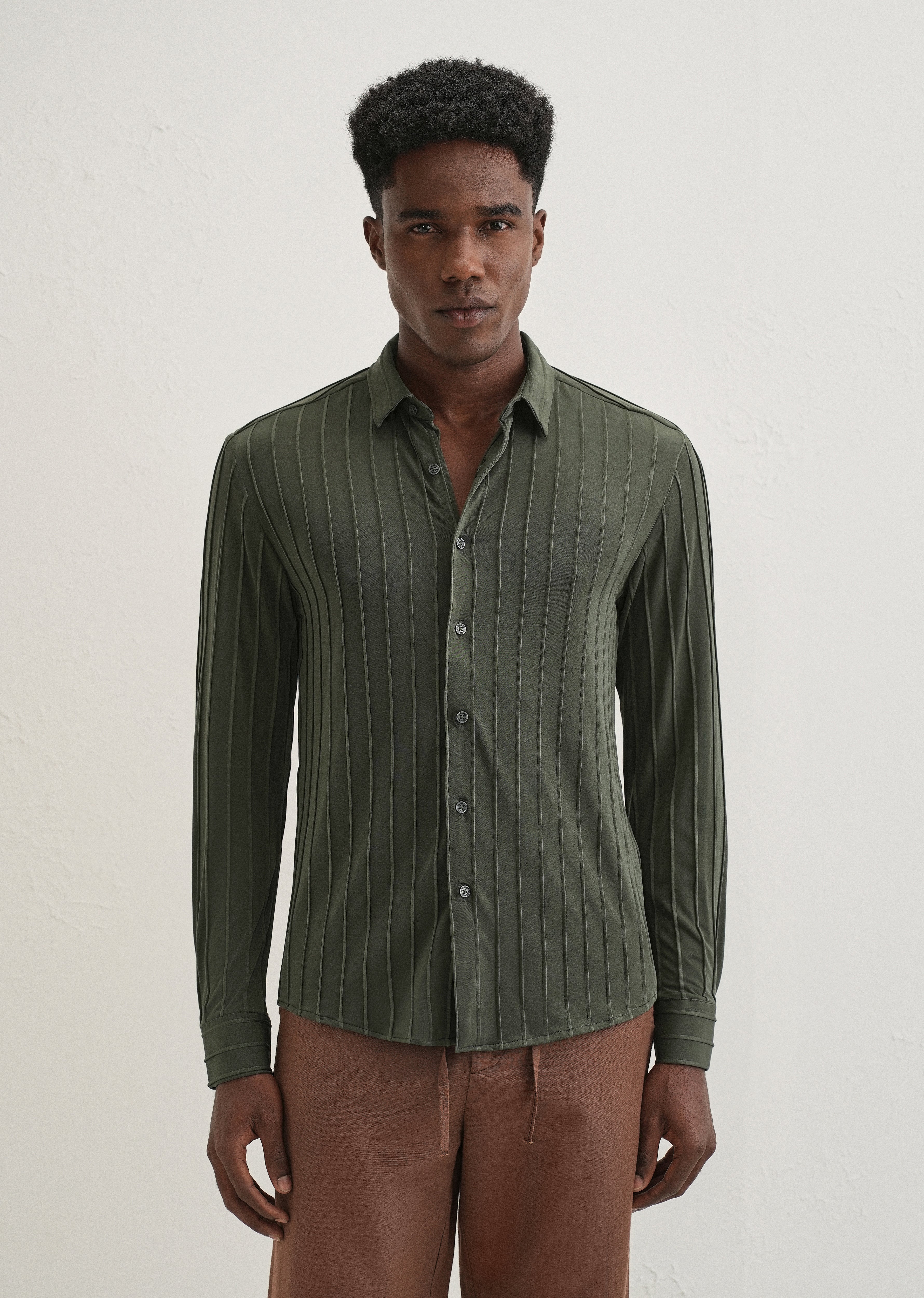 Dark Green Plain Stripe Shirt - Image 3