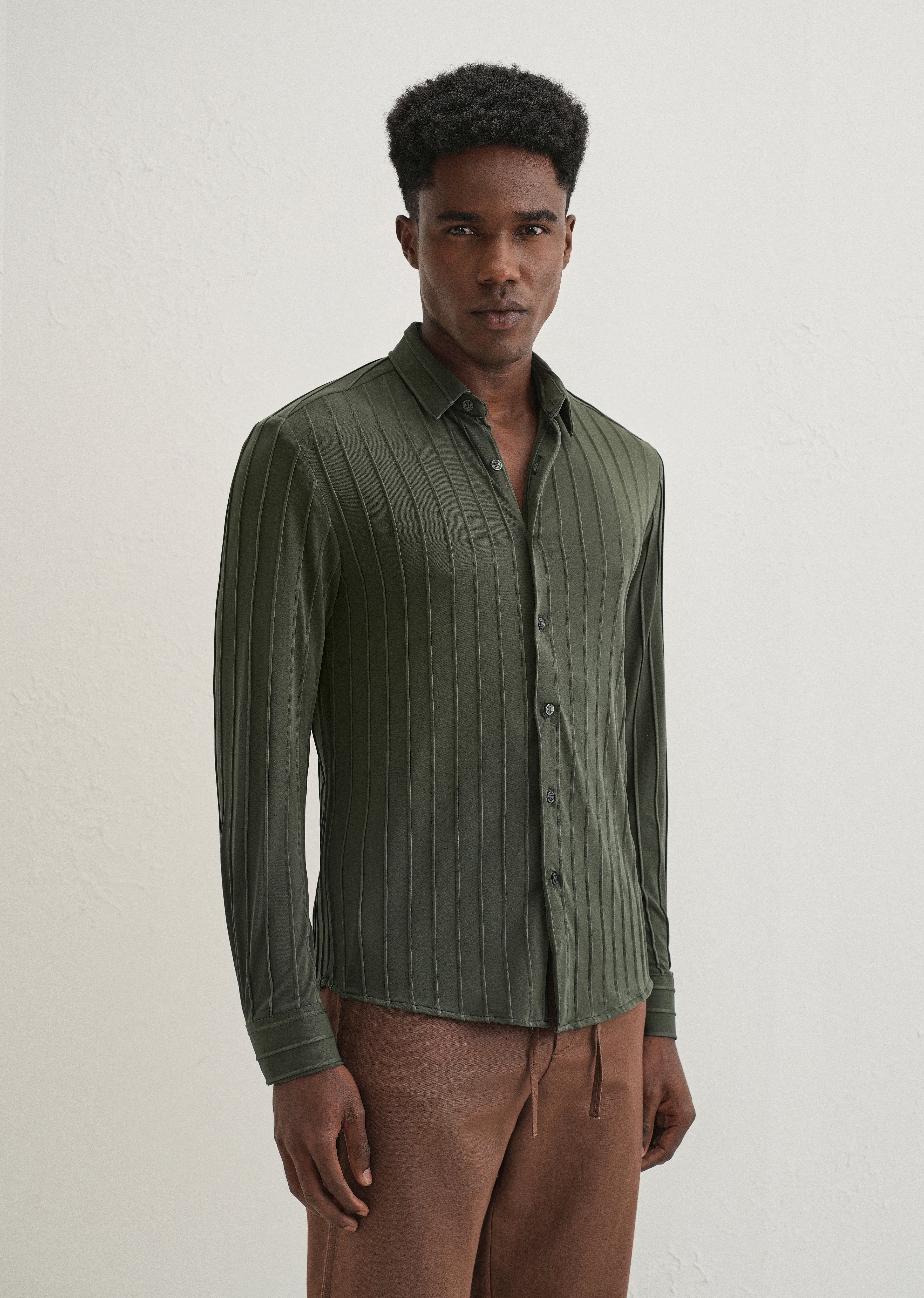 Dark Green Plain Stripe Shirt - Image 5