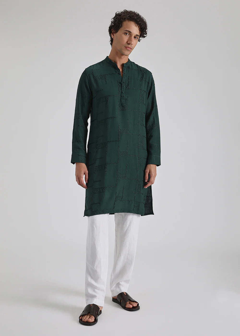Dark Green Self Thread Embroidered Kurta - Image 3