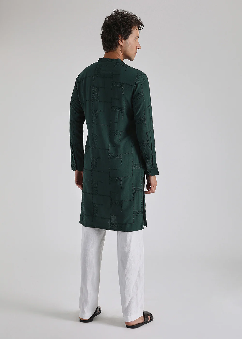 Dark Green Self Thread Embroidered Kurta - Image 4