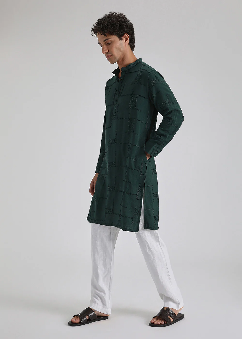 Dark Green Self Thread Embroidered Kurta - Image 5