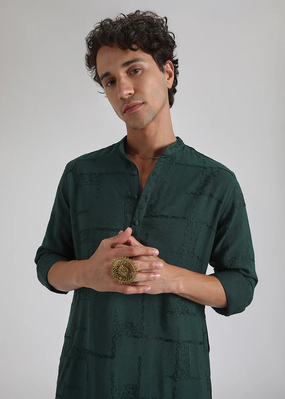 Dark Green Self Thread Embroidered Kurta - Image 6