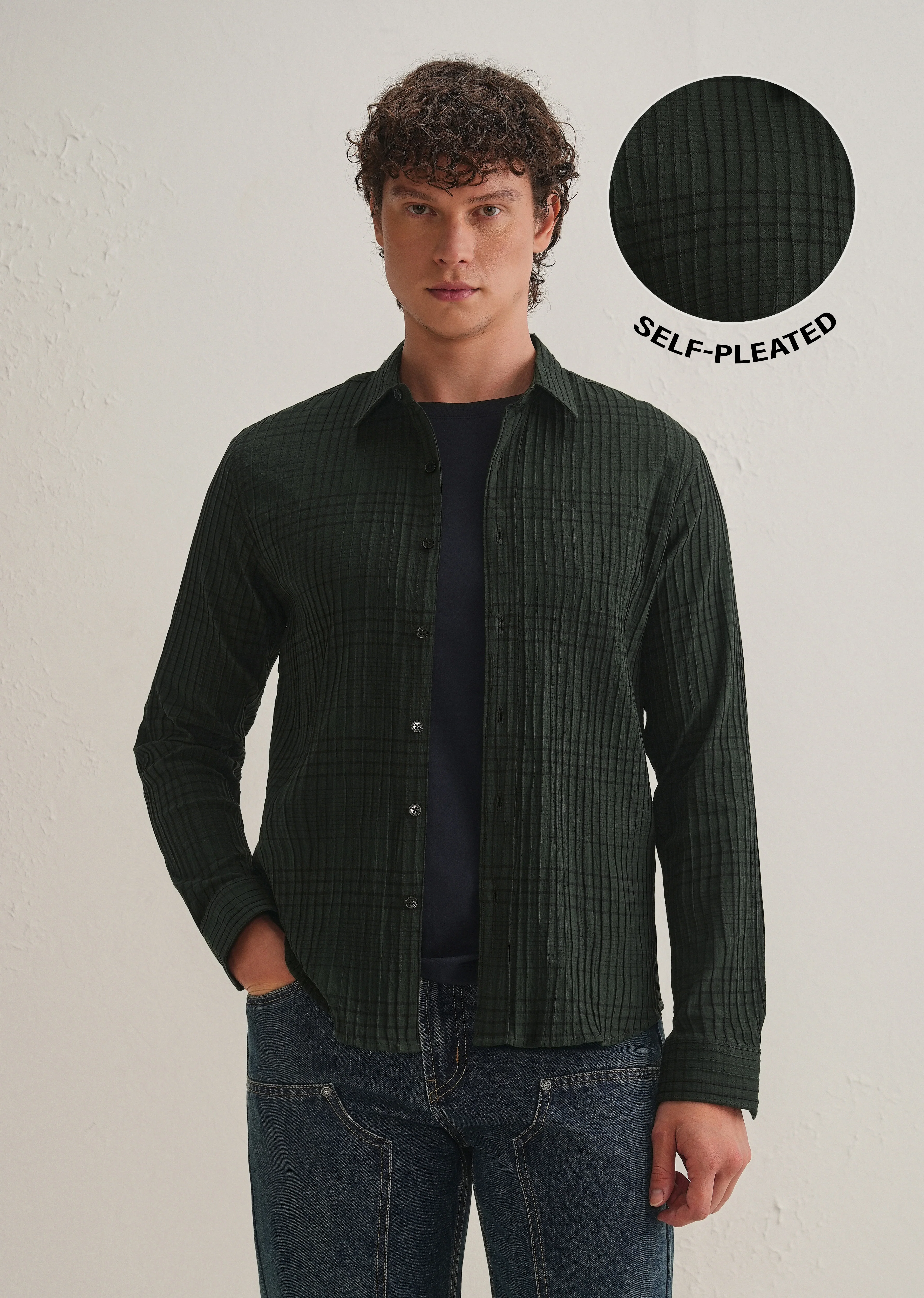 Dark Green Self-Pleated Check Shirt - Image 2