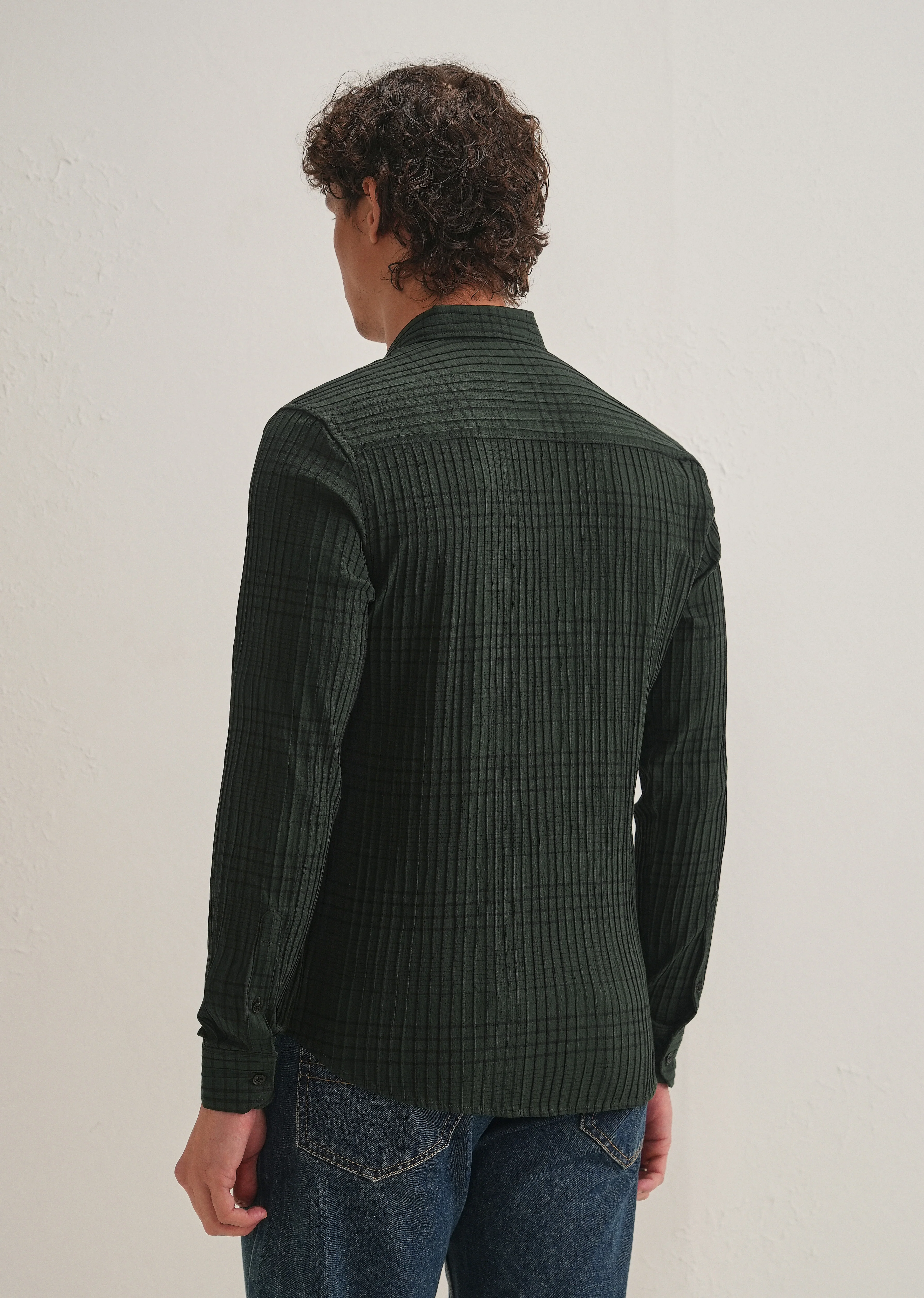 Dark Green Self-Pleated Check Shirt - Image 4