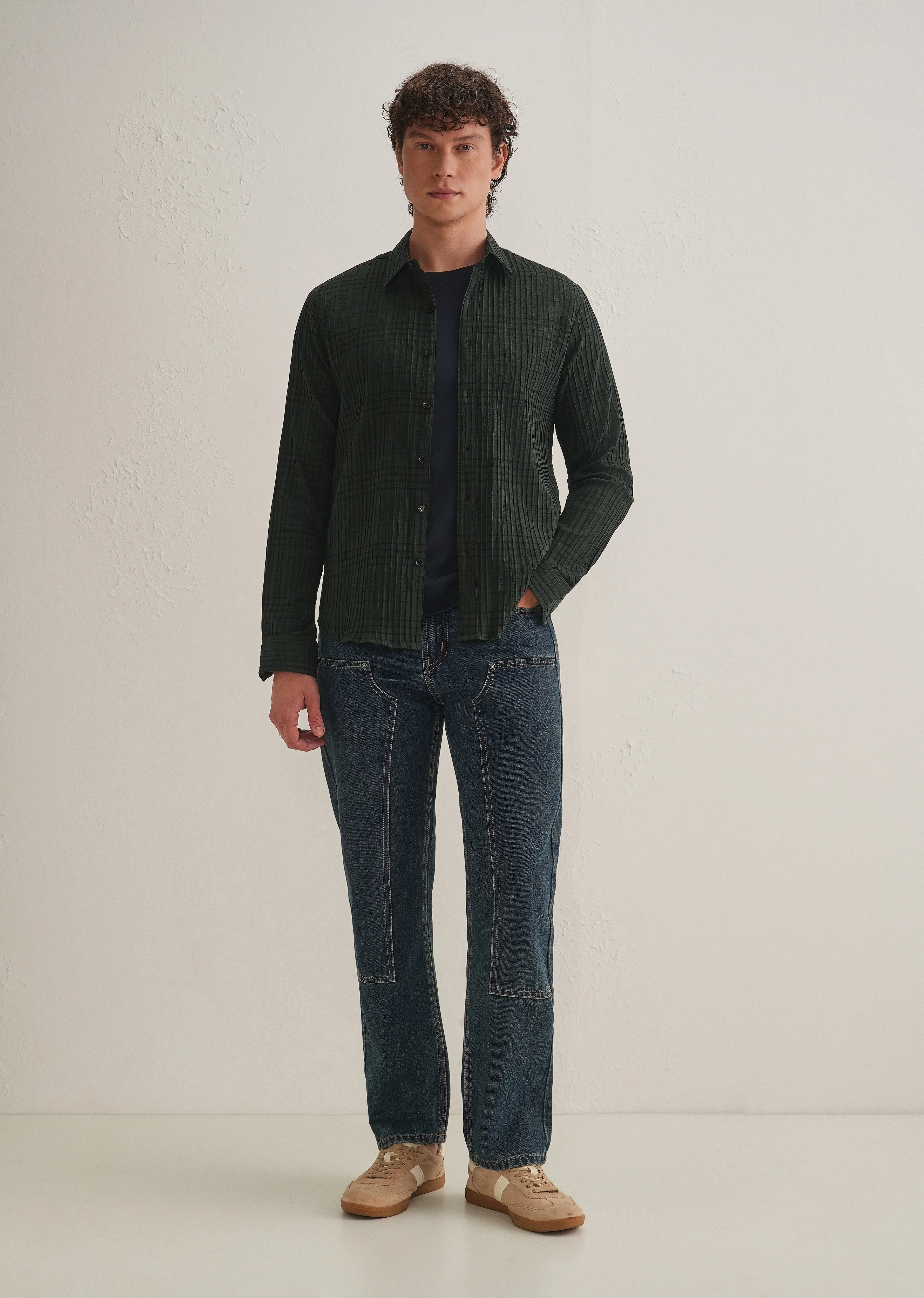 Dark Green Self-Pleated Check Shirt - Image 6