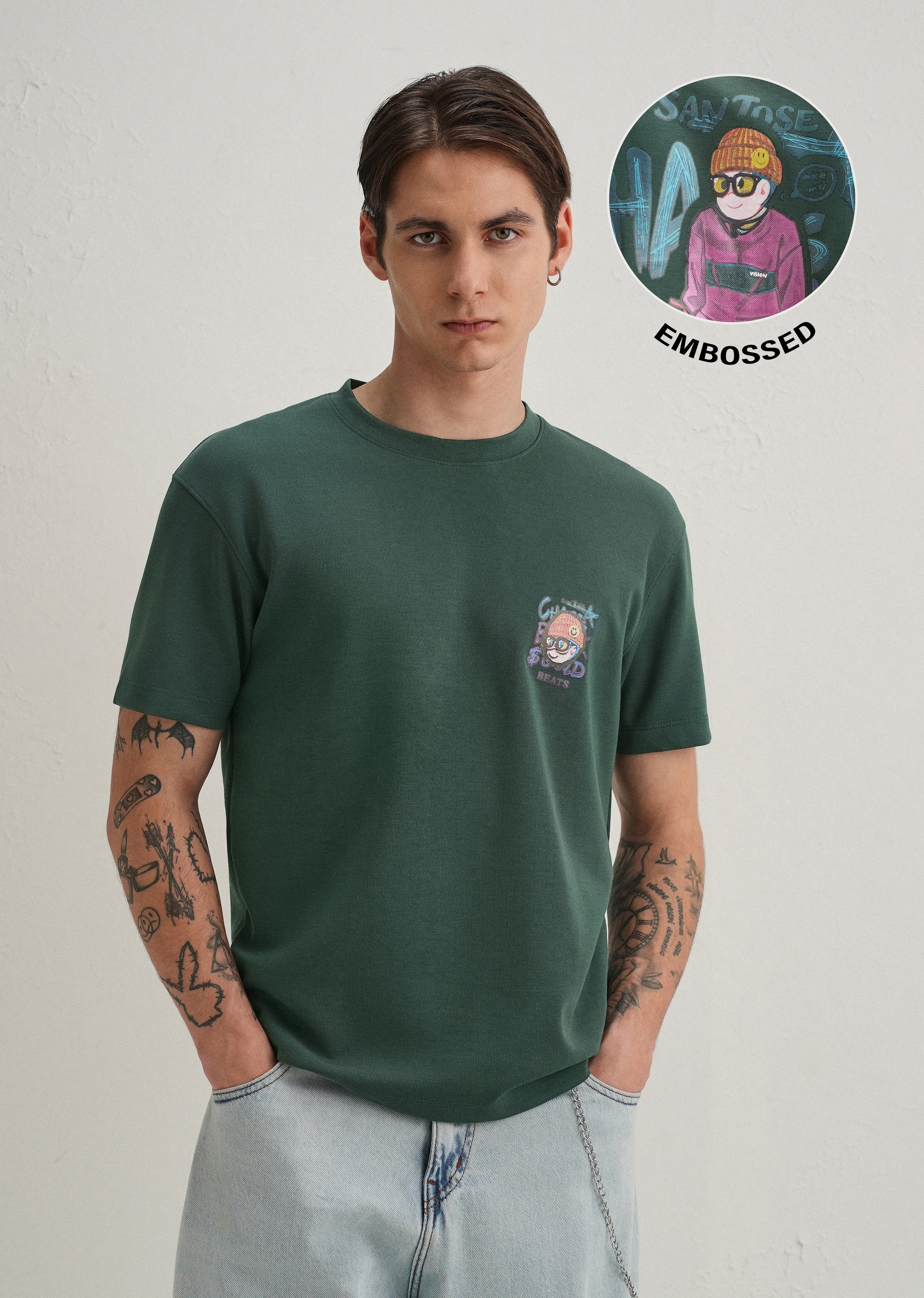 Dark Green Textured Back Print T-Shirt - Image 8