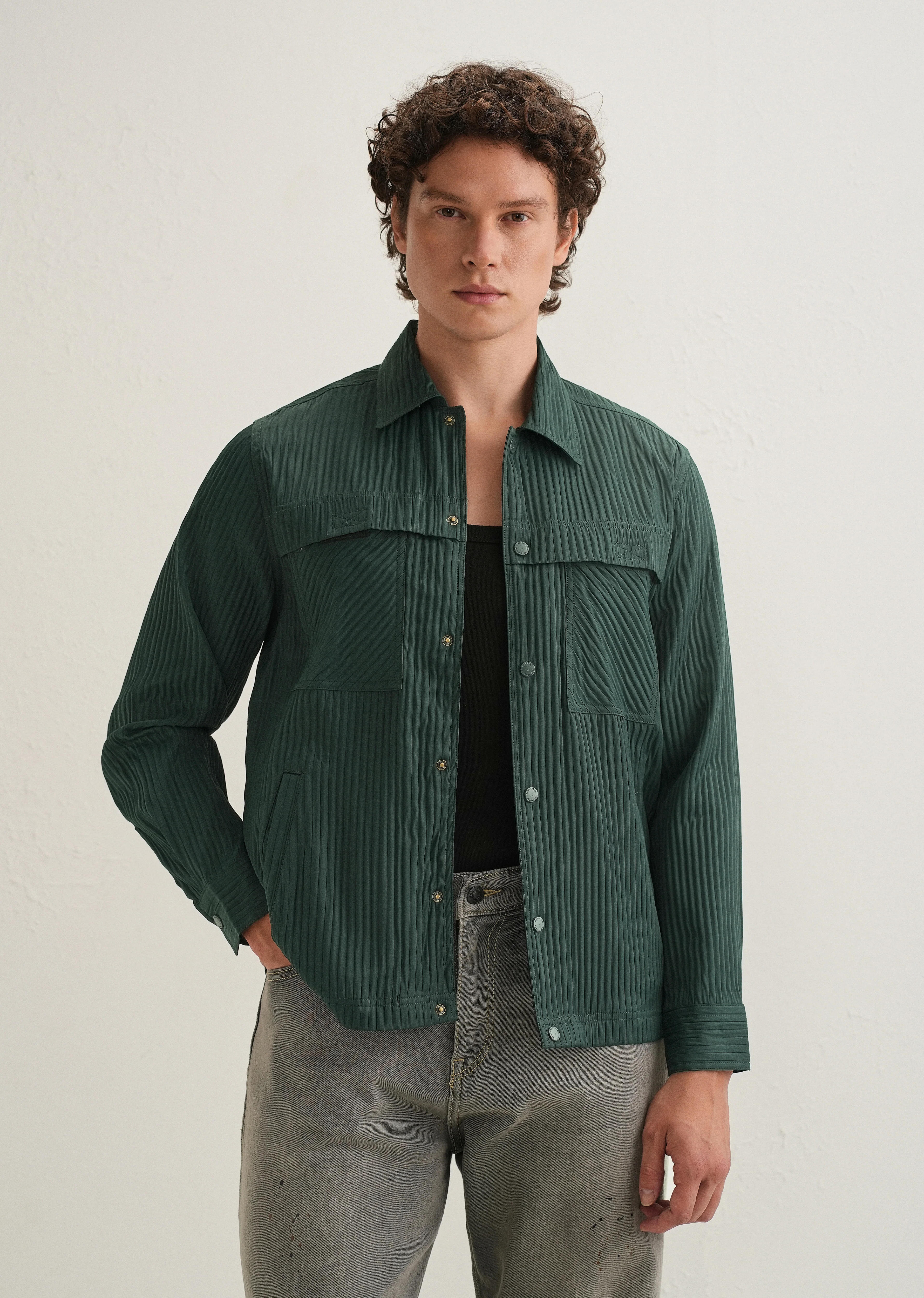 Dark Green Textured Utility Shacket - Image 2