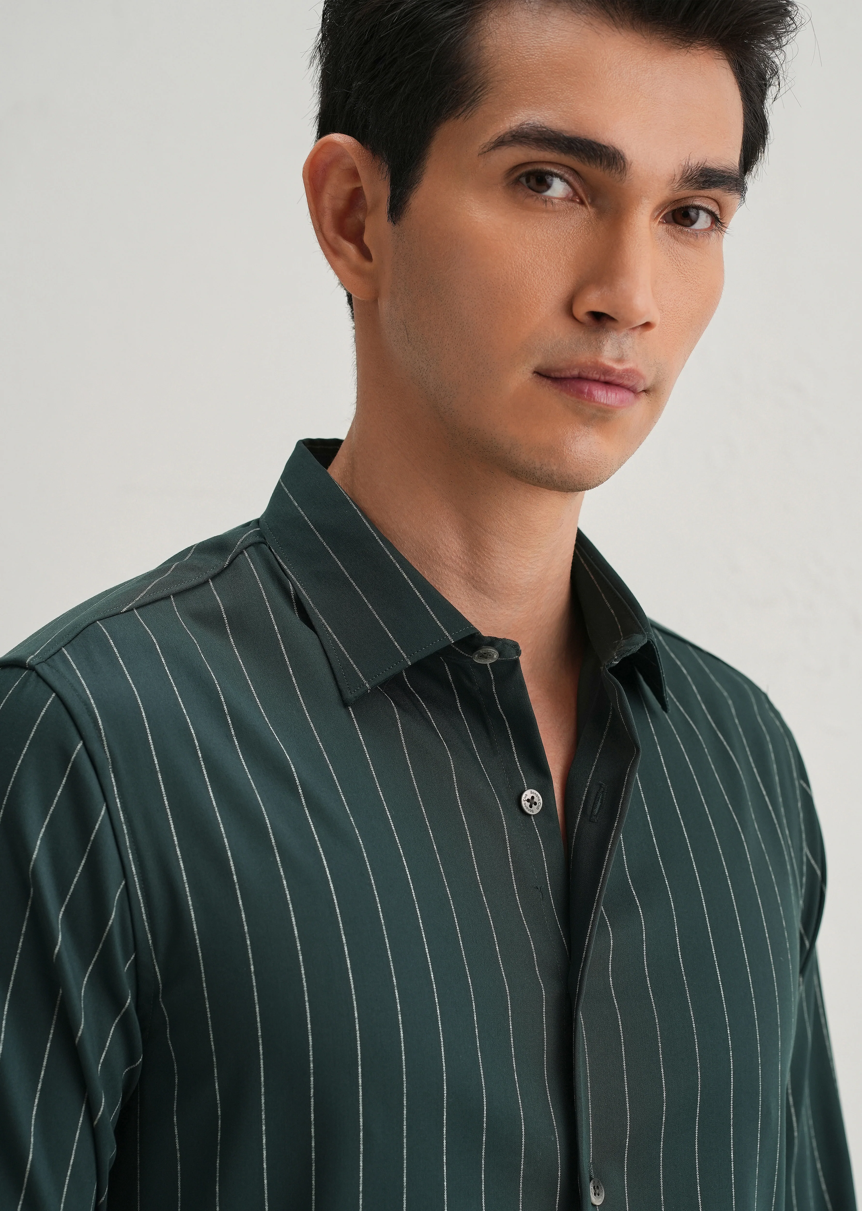 Dark Green Vertical Stripe Shirt - Image 3