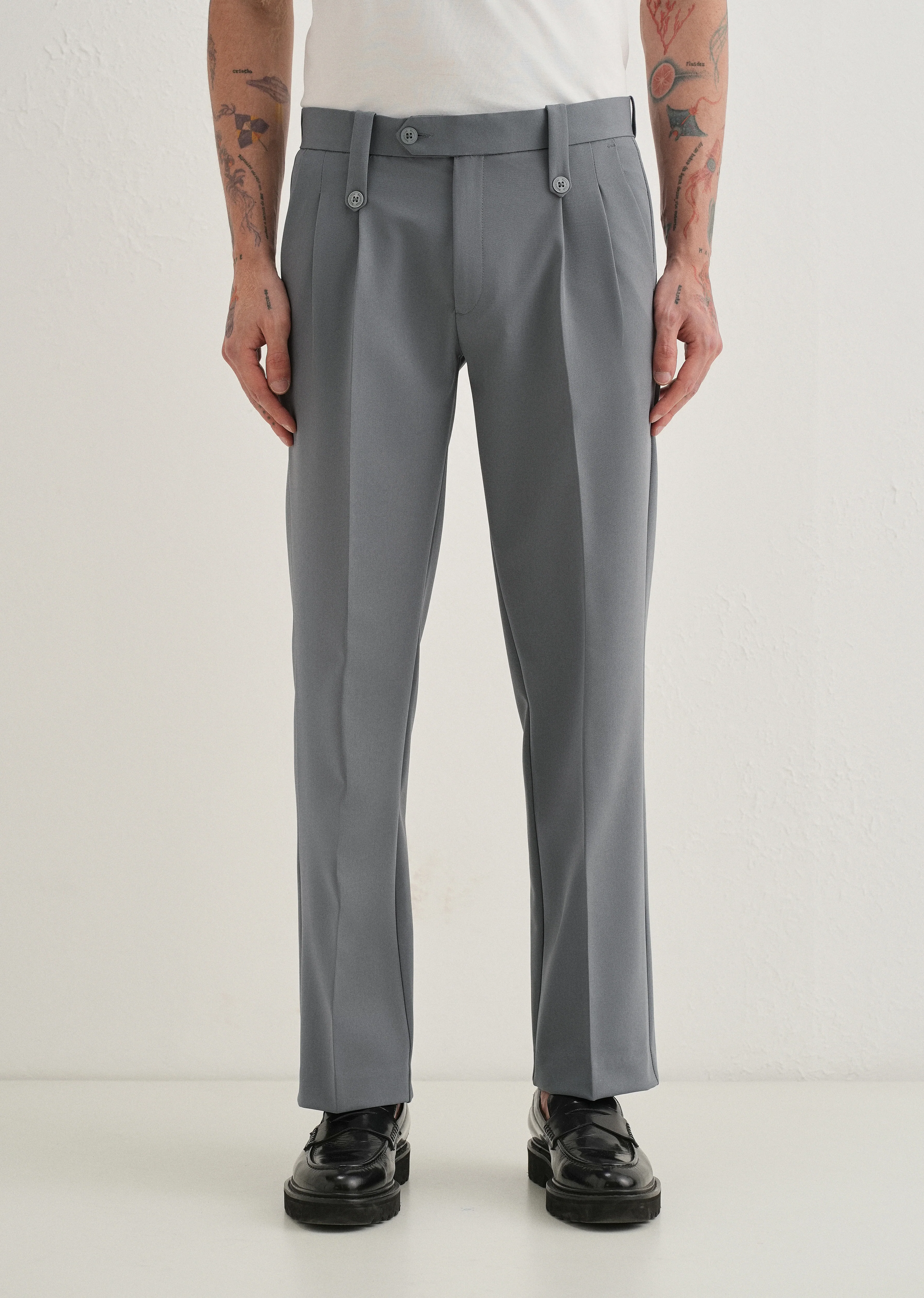Dark Grey Button-Tab Pleat Trouser - Image 3