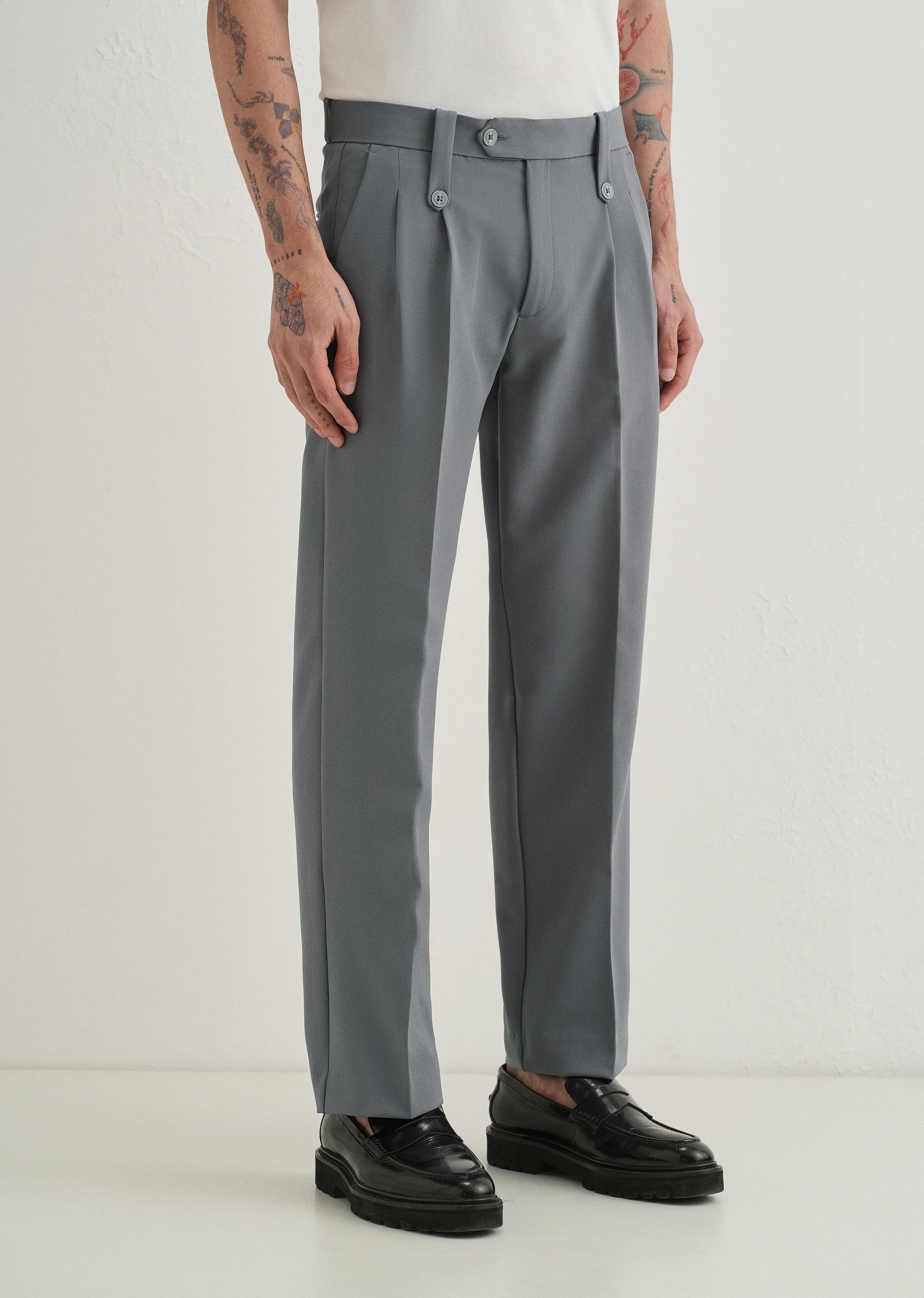 Dark Grey Button-Tab Pleat Trouser - Image 4