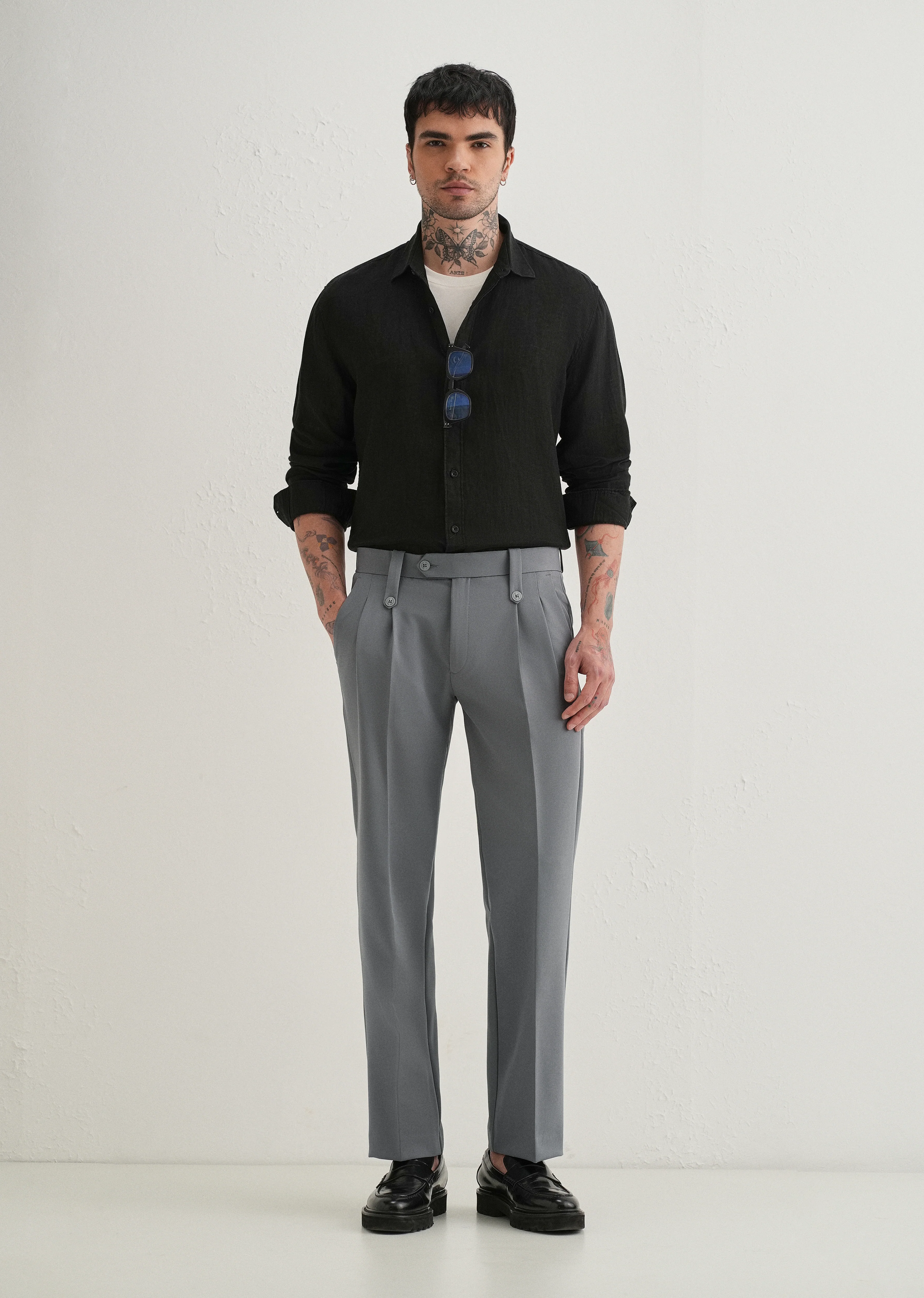 Dark Grey Button-Tab Pleat Trouser - Image 6