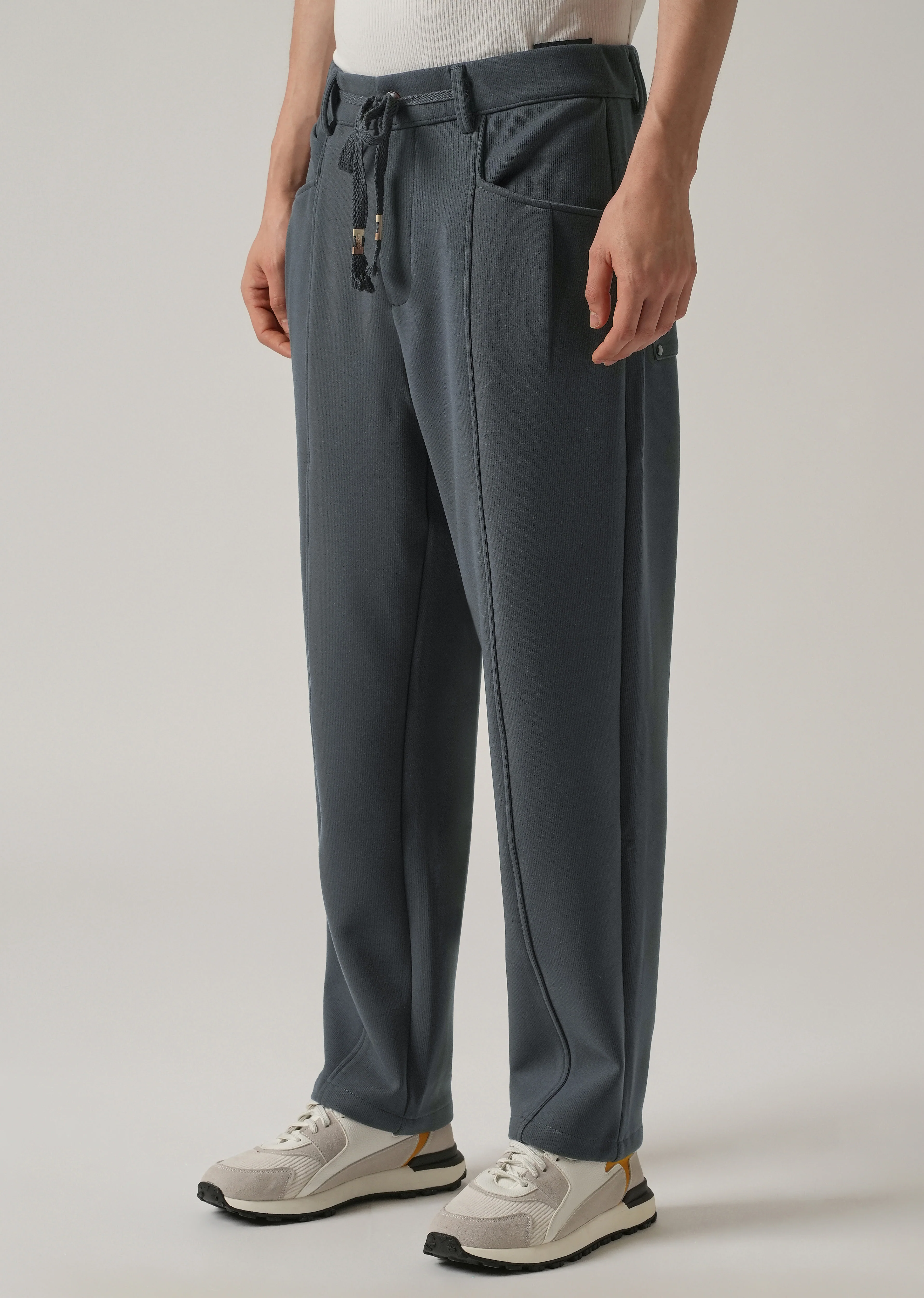 Dark Grey Corduroy Relaxed Fit Drawstring Pant - Image 4