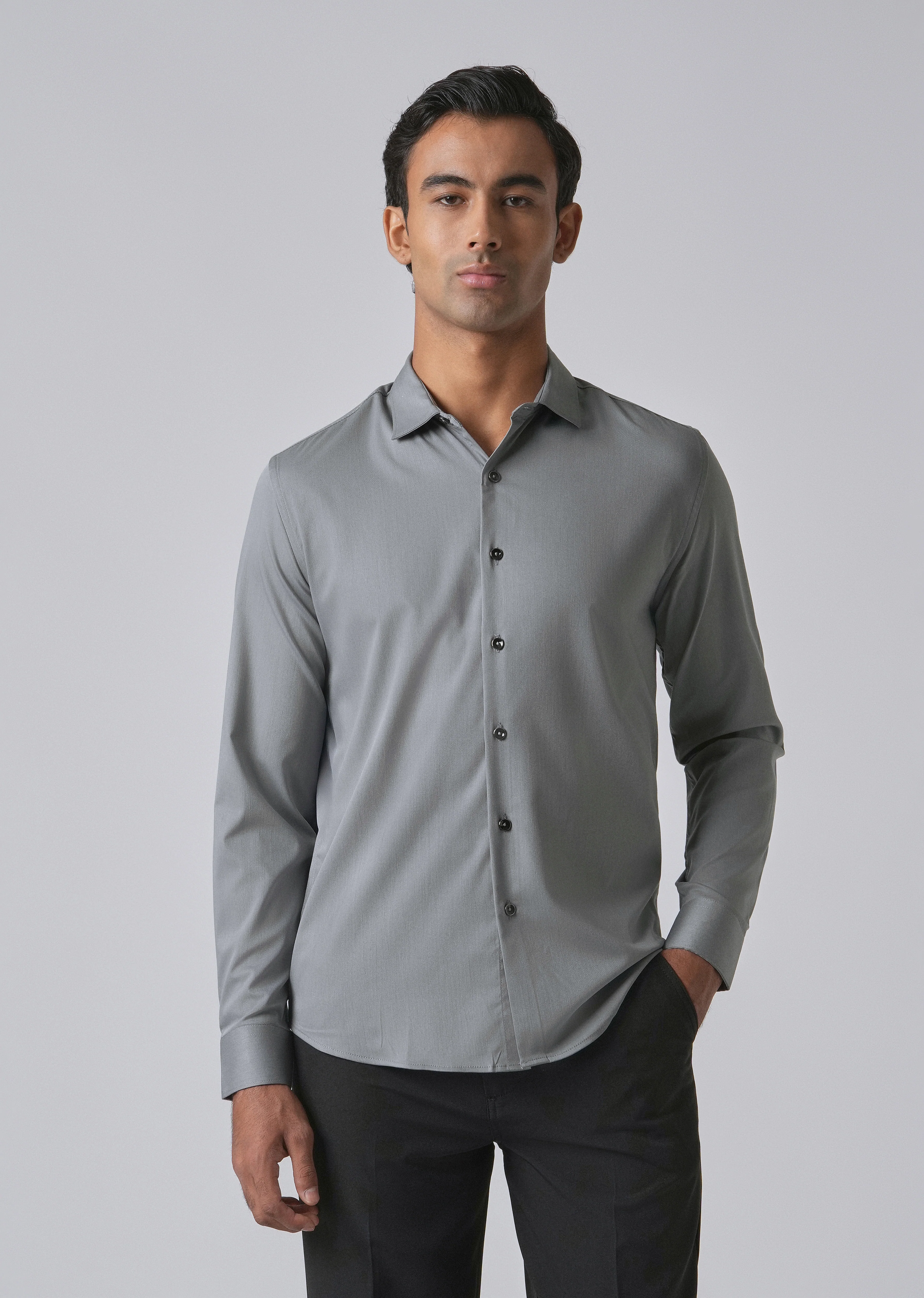 Dark Grey Cotton Stretch Plain Shirt - Image 3