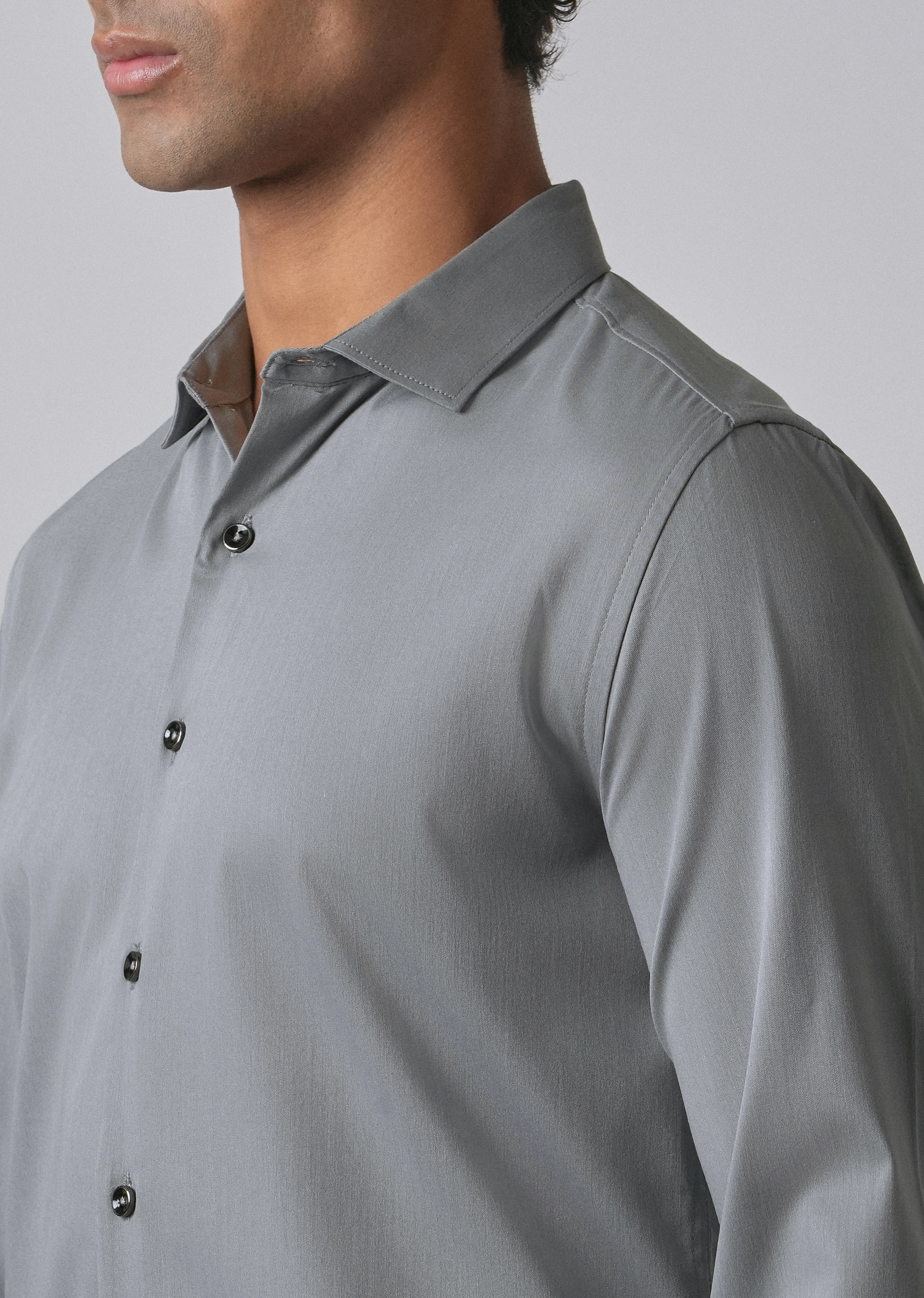 Dark Grey Cotton Stretch Plain Shirt - Image 5