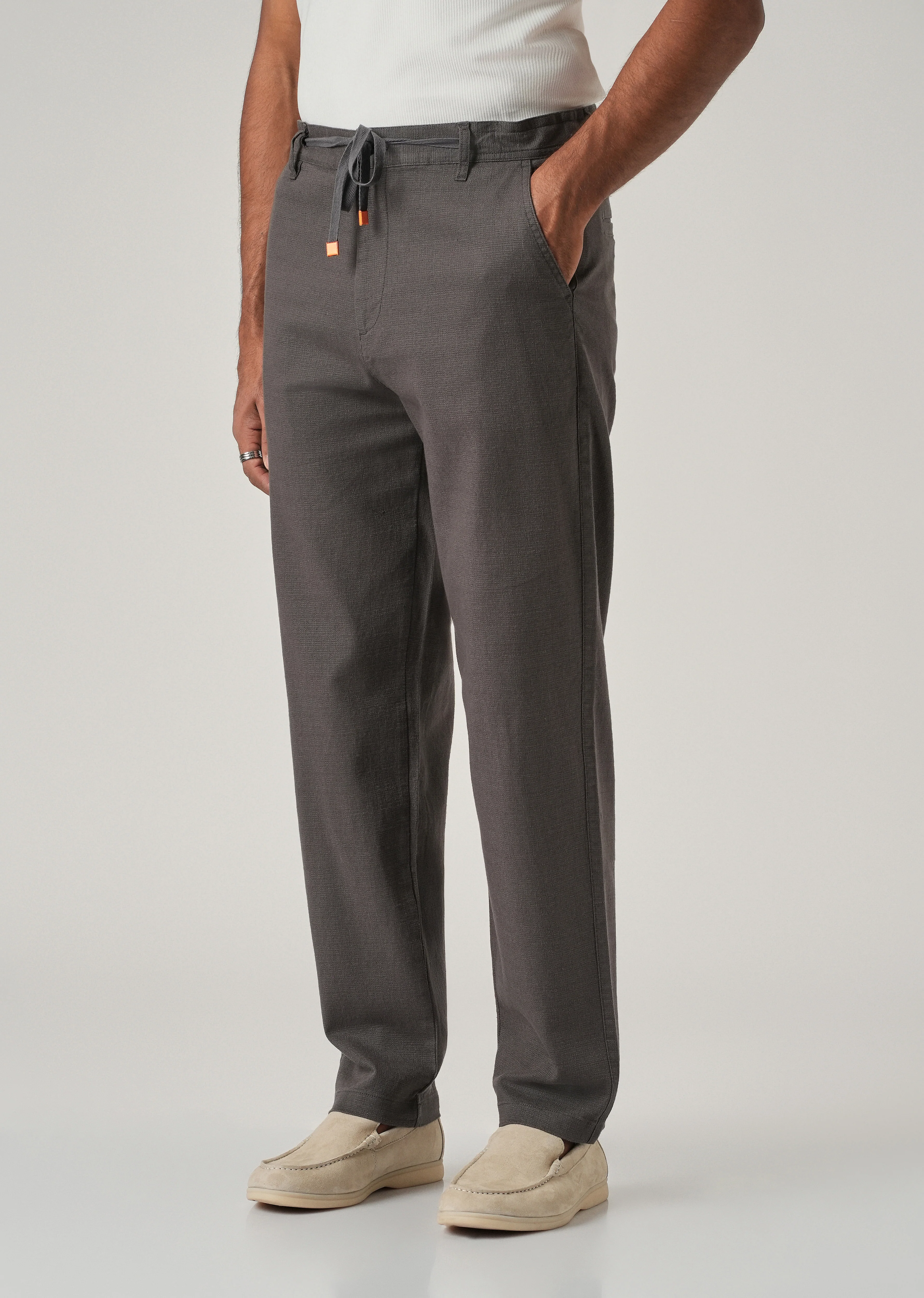 Dark Grey Linen-Look Cotton Trousers - Image 4