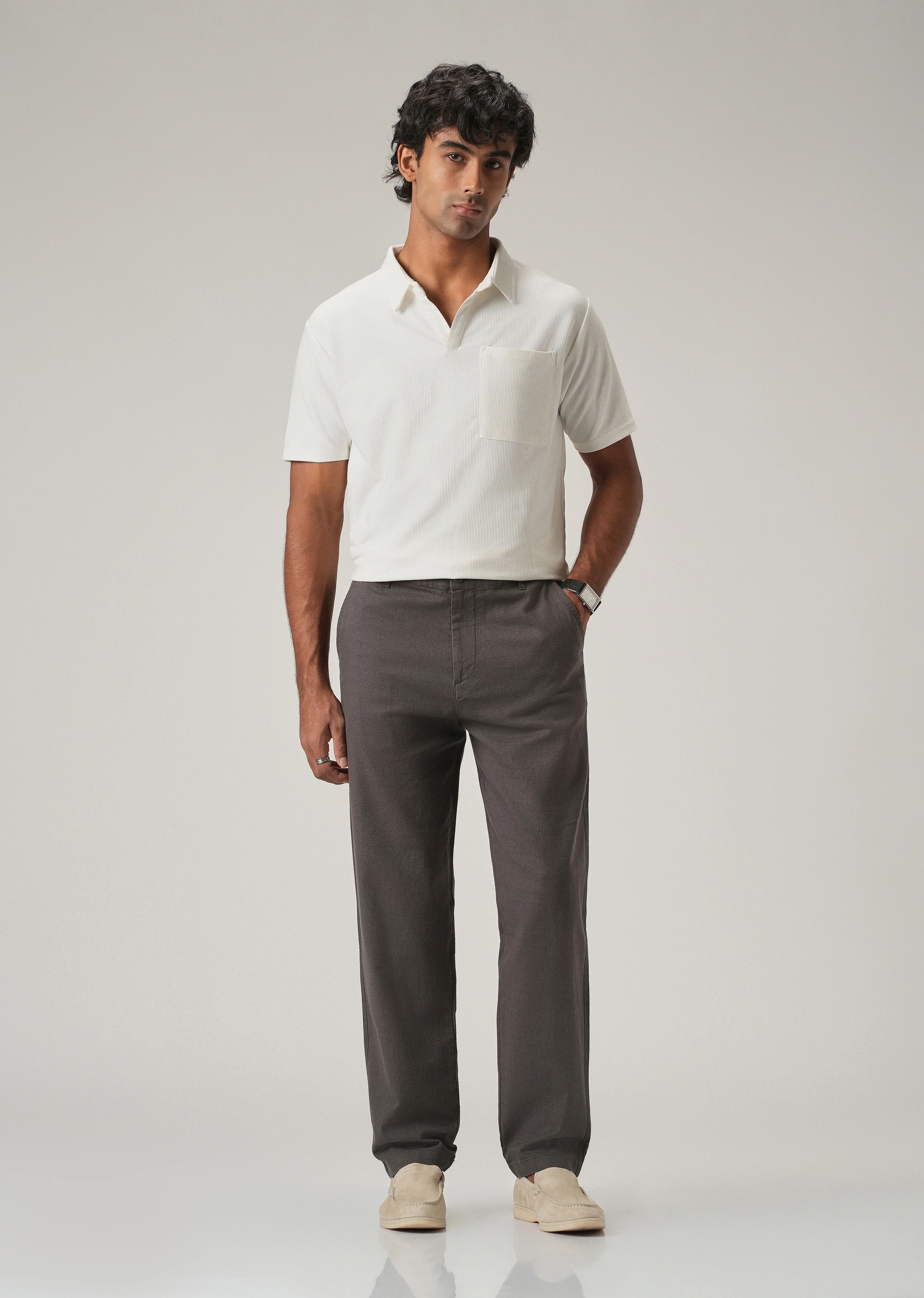 Dark Grey Linen-Look Cotton Trousers - Image 6
