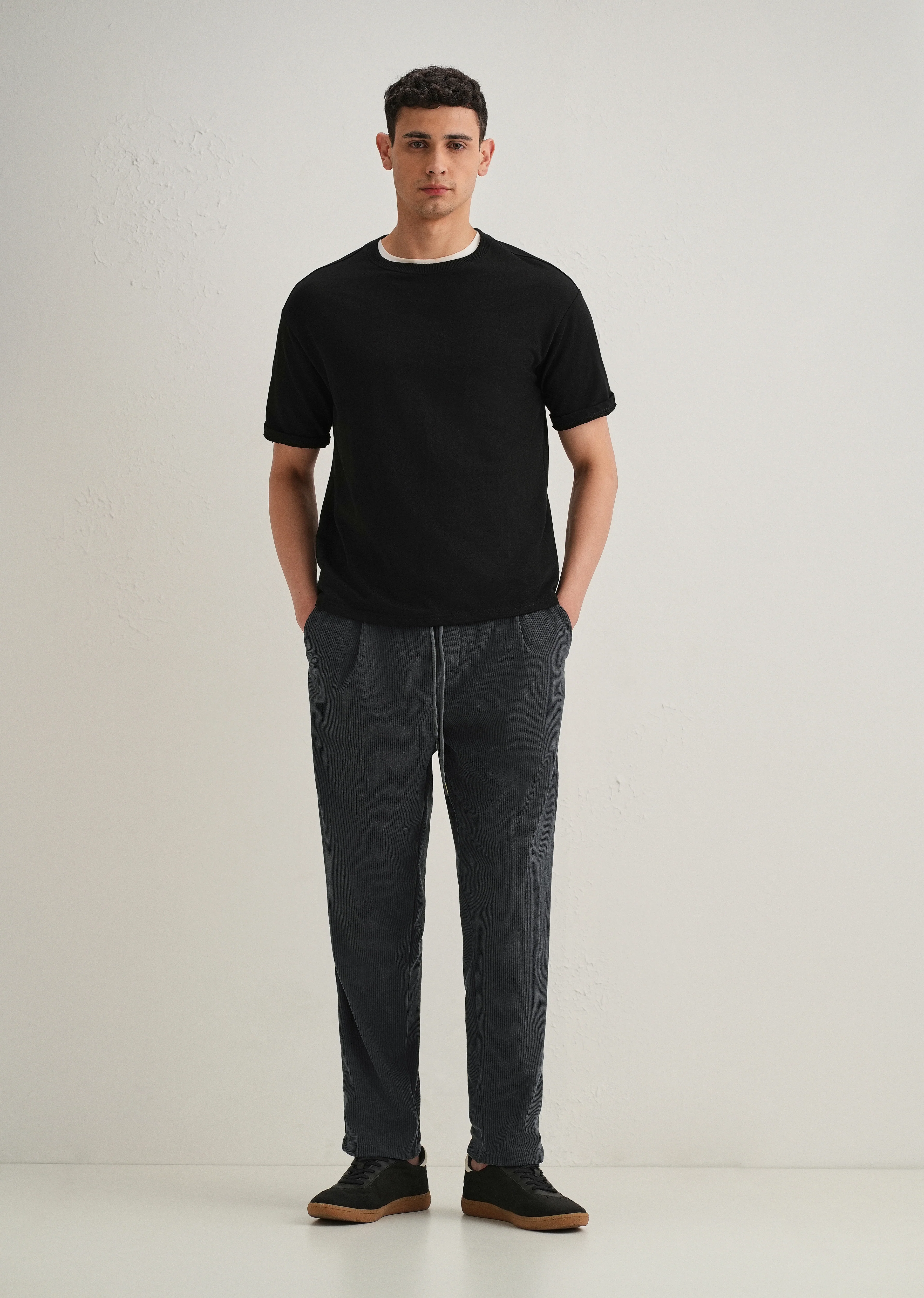 Dark Grey Drawstring Corduroy Pant - Image 6
