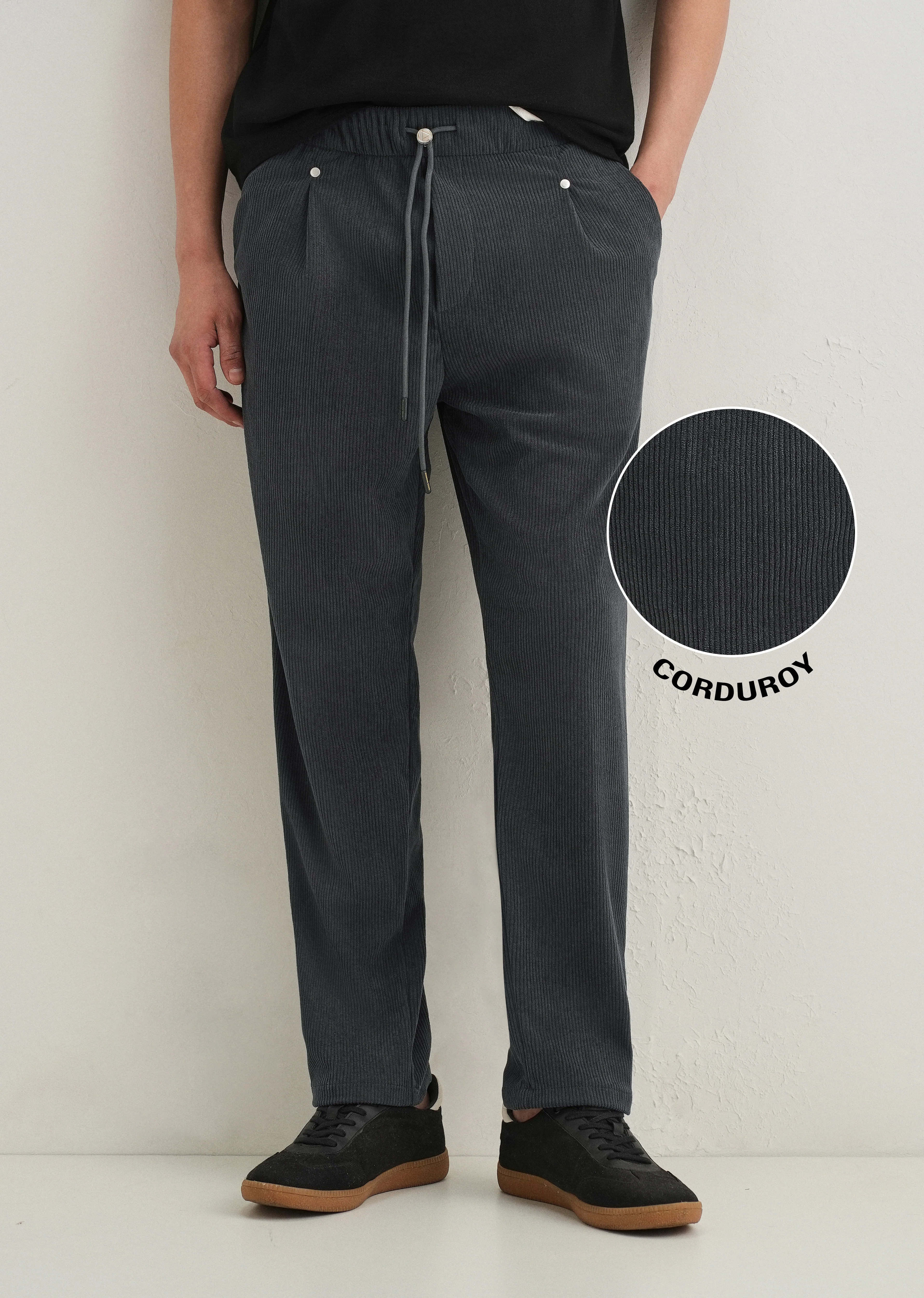 Dark Grey Drawstring Corduroy Pant - Image 7