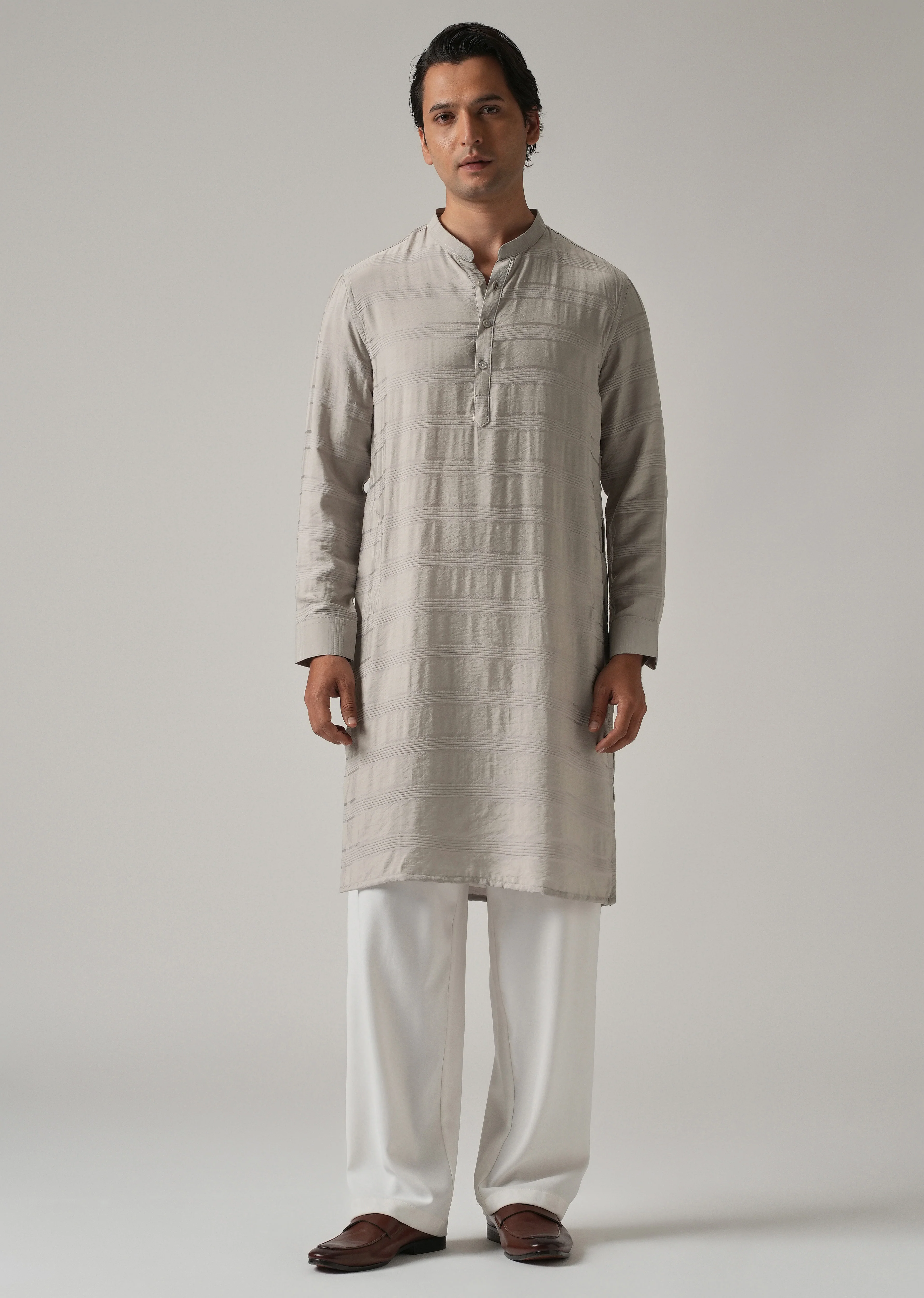 Dark Grey Nylon Subtle Stripe Kurta - Image 3