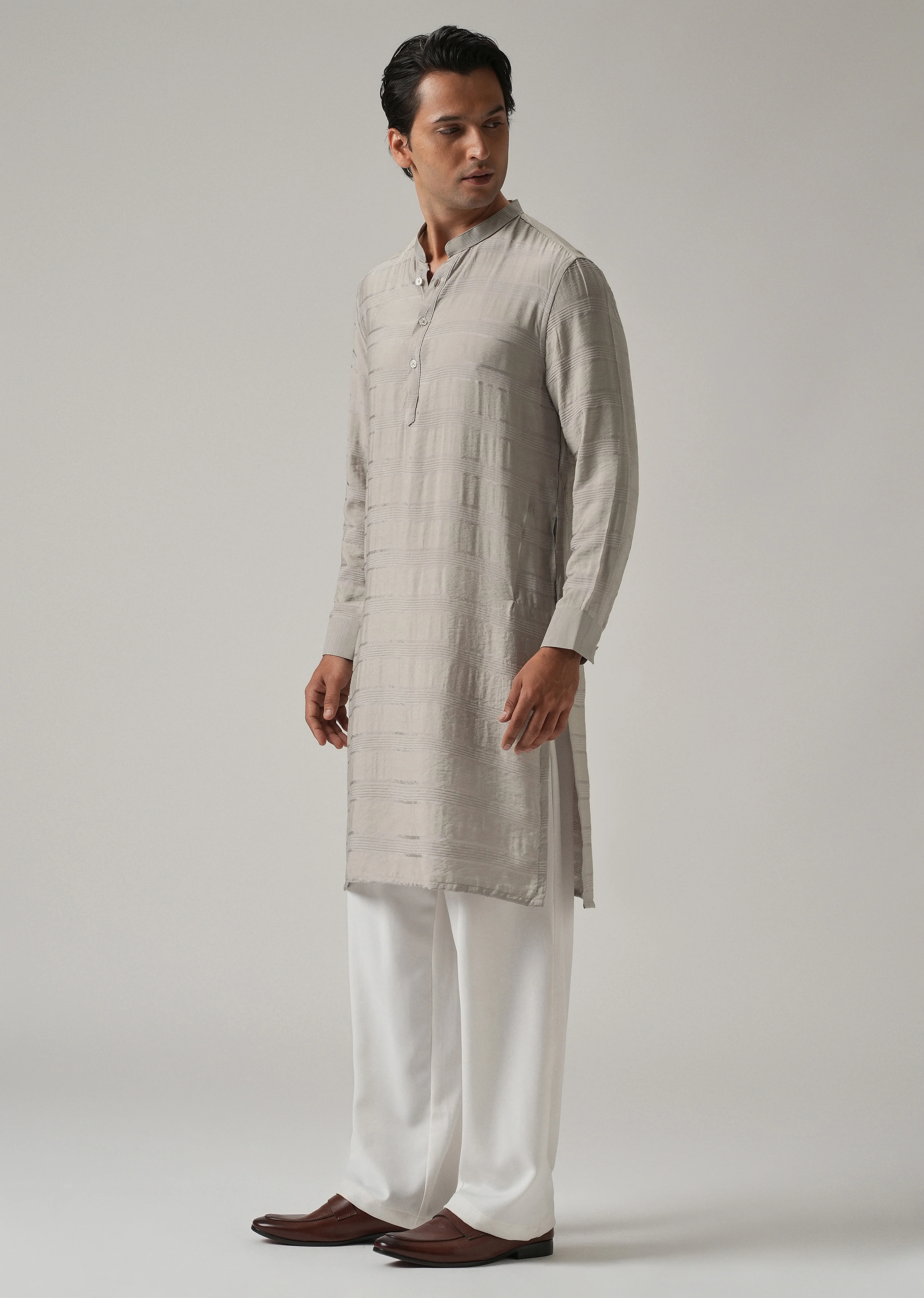 Dark Grey Nylon Subtle Stripe Kurta - Image 4