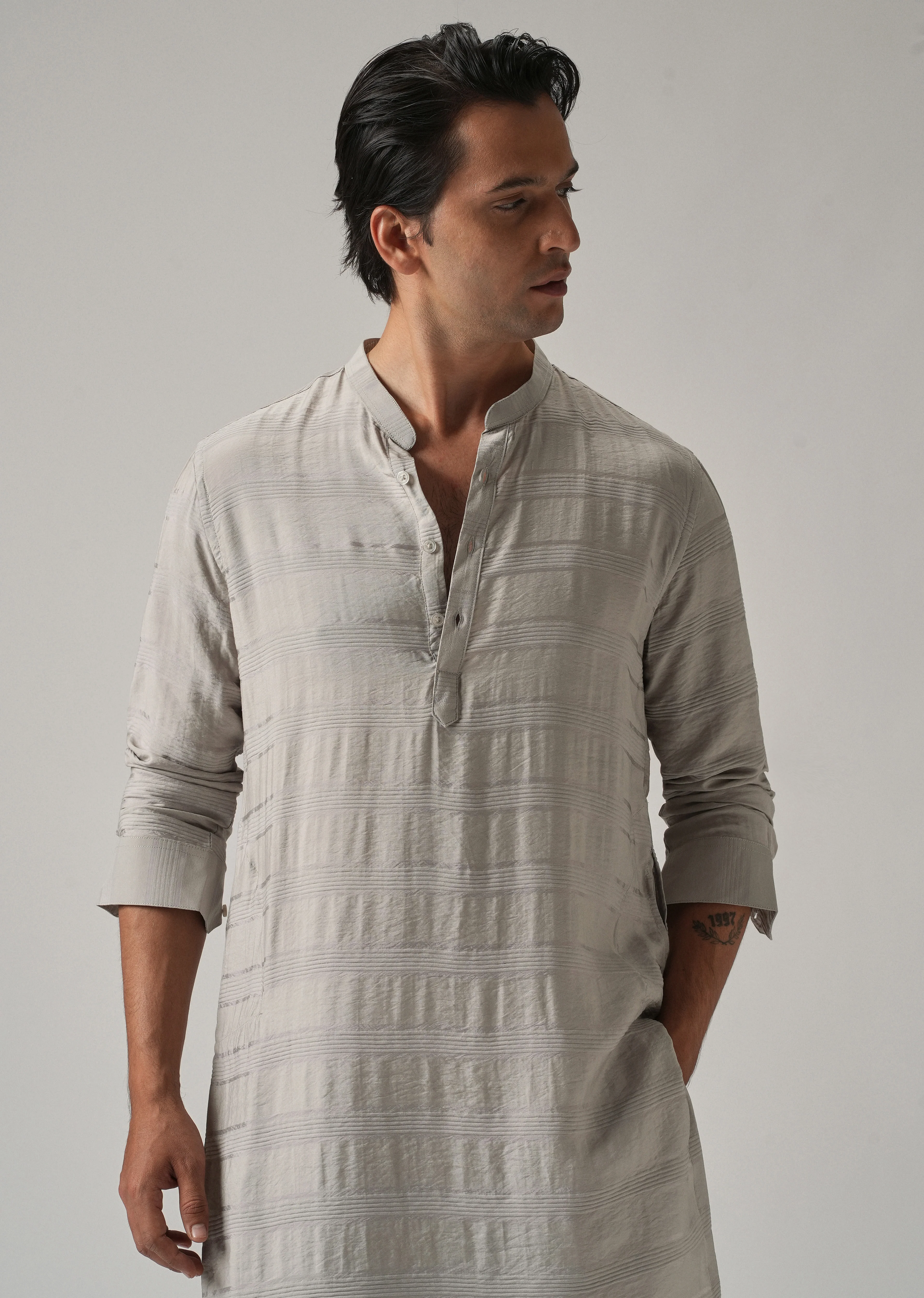 Dark Grey Nylon Subtle Stripe Kurta - Image 6