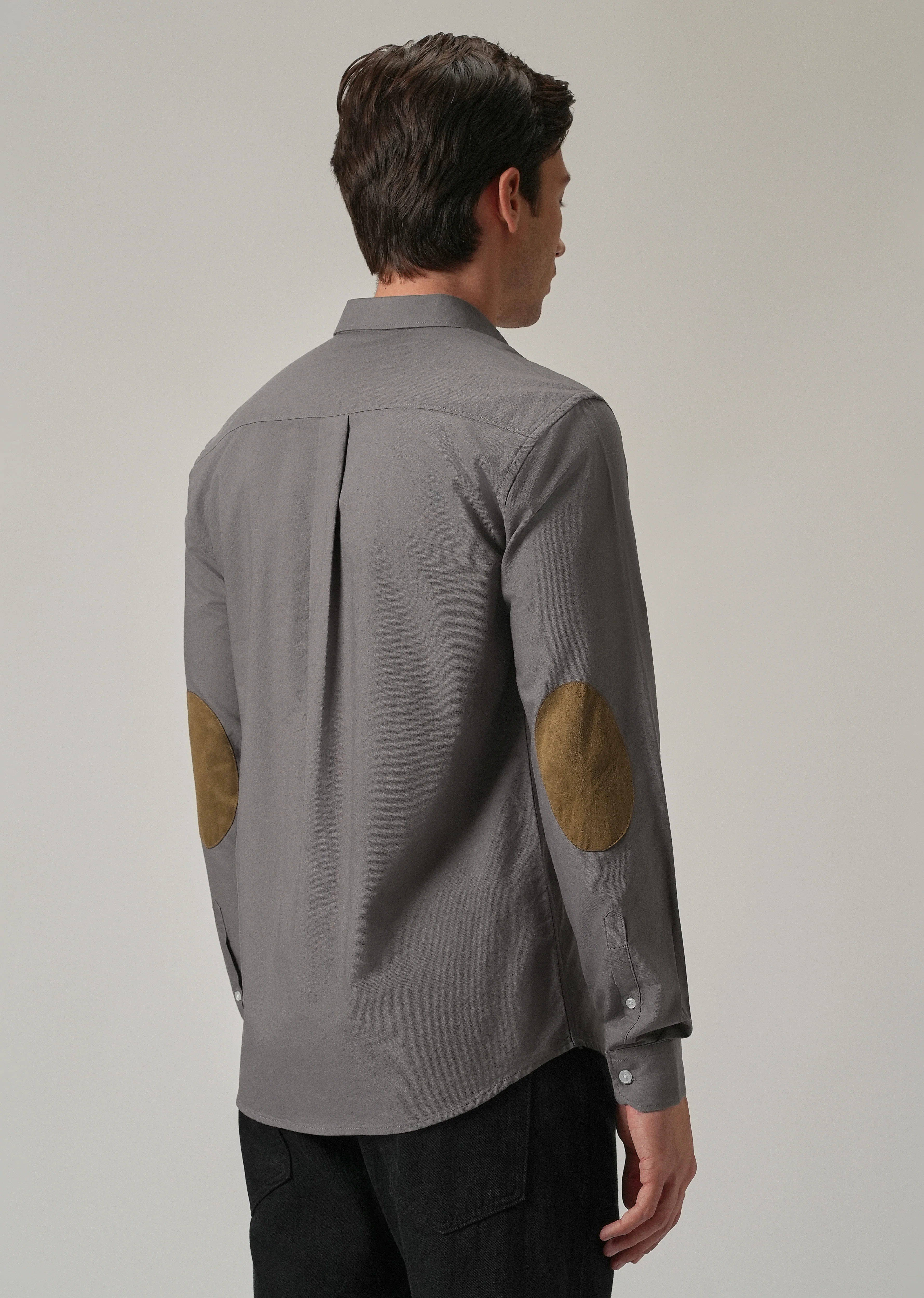 Dark Grey Plain Elbow Patch Oxford Shirt - Image 3