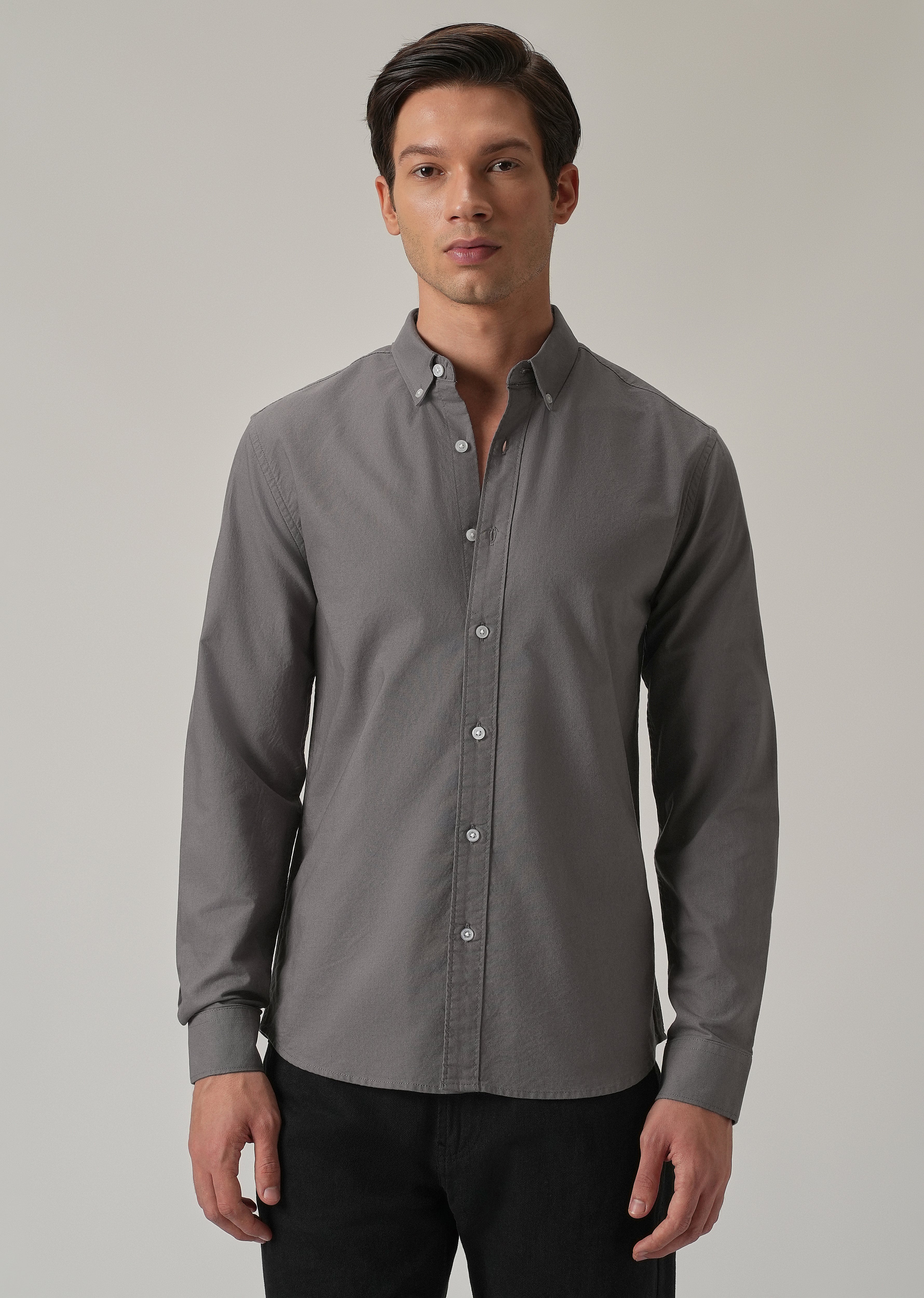 Dark Grey Plain Elbow Patch Oxford Shirt - Image 4