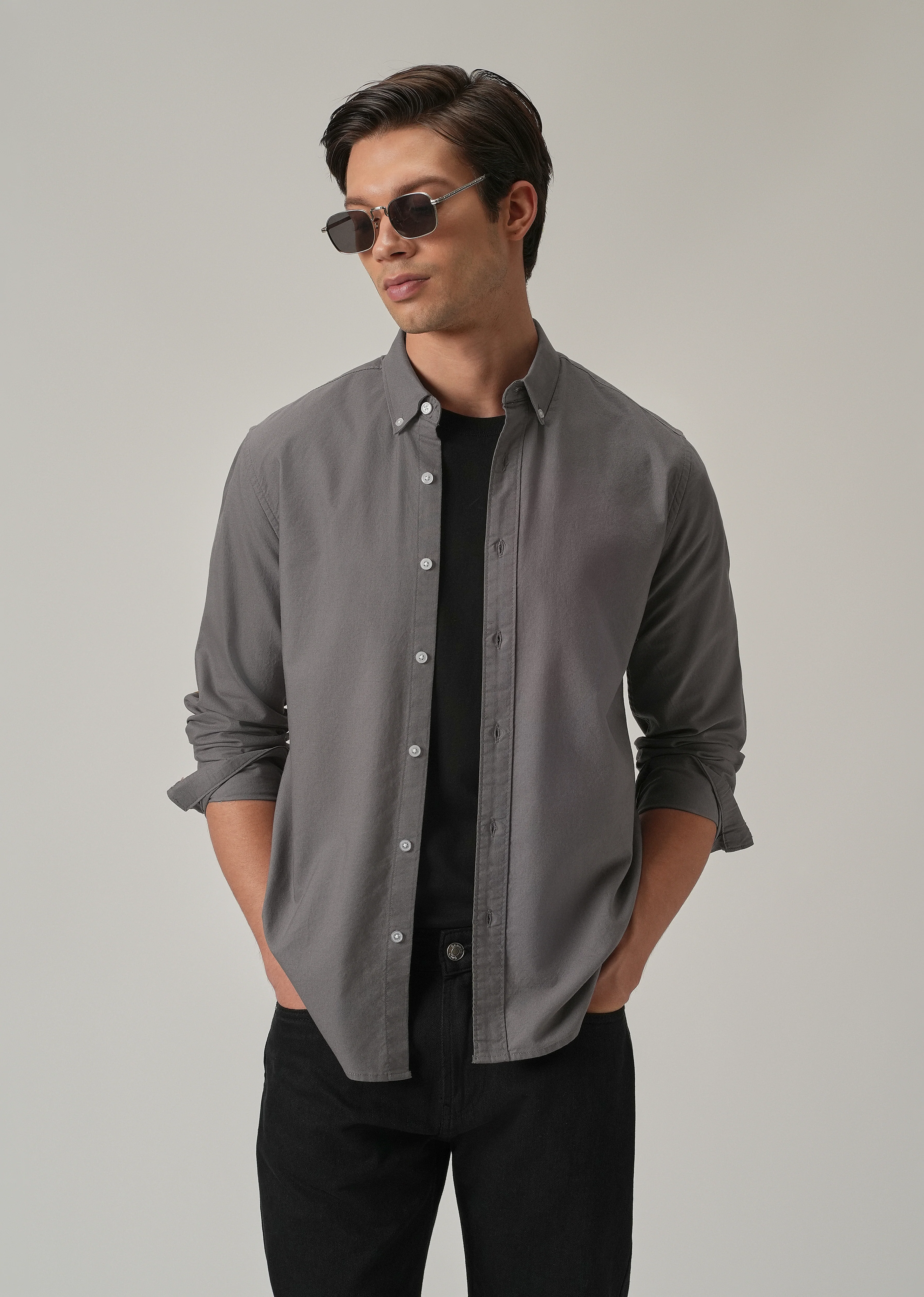 Dark Grey Plain Elbow Patch Oxford Shirt - Image 7