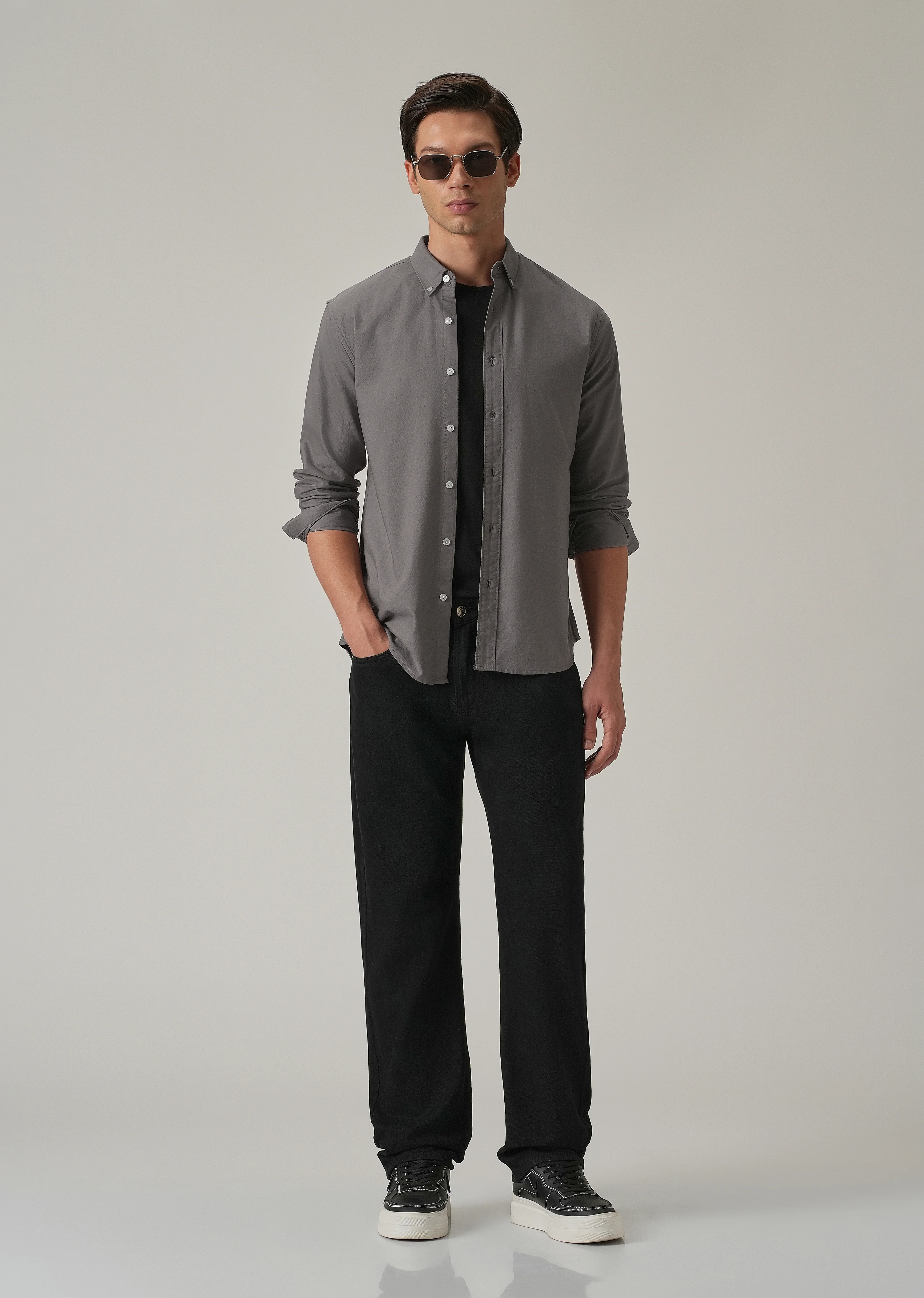 Dark Grey Plain Elbow Patch Oxford Shirt - Image 8