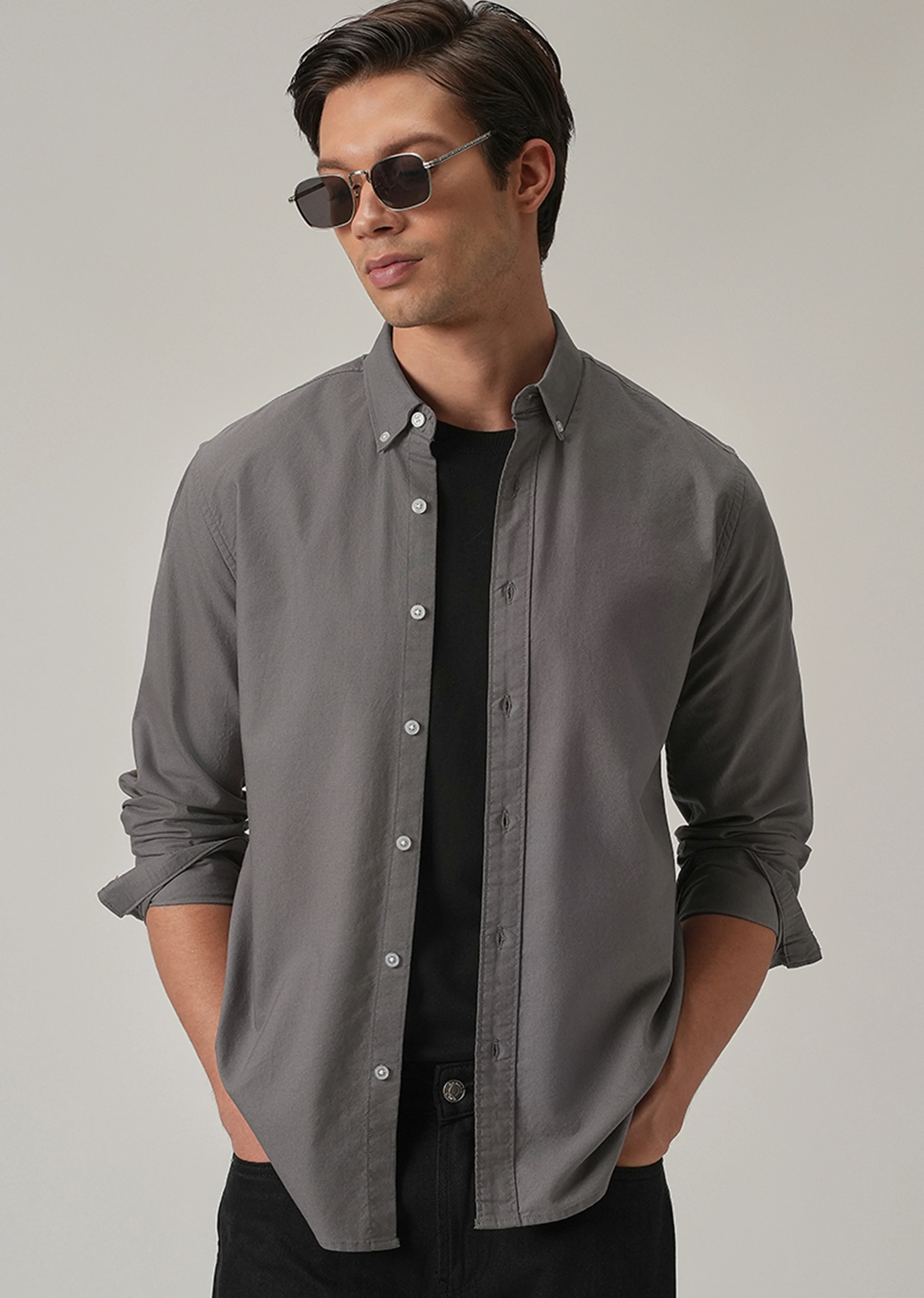 Dark Grey Plain Elbow Patch Oxford Shirt - Image 9