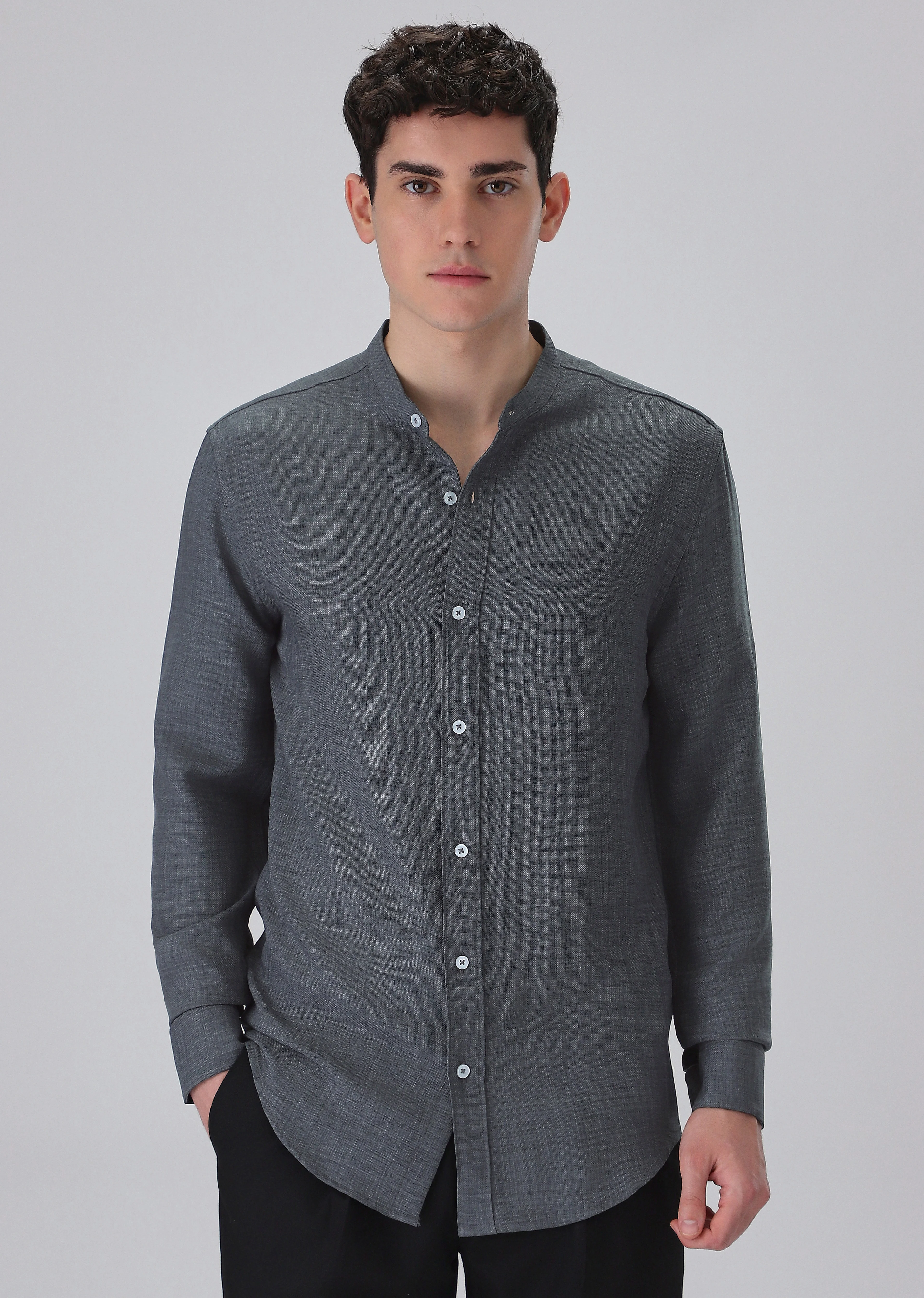 Dark Grey Plain Mandarin Collar Shirt - Image 3