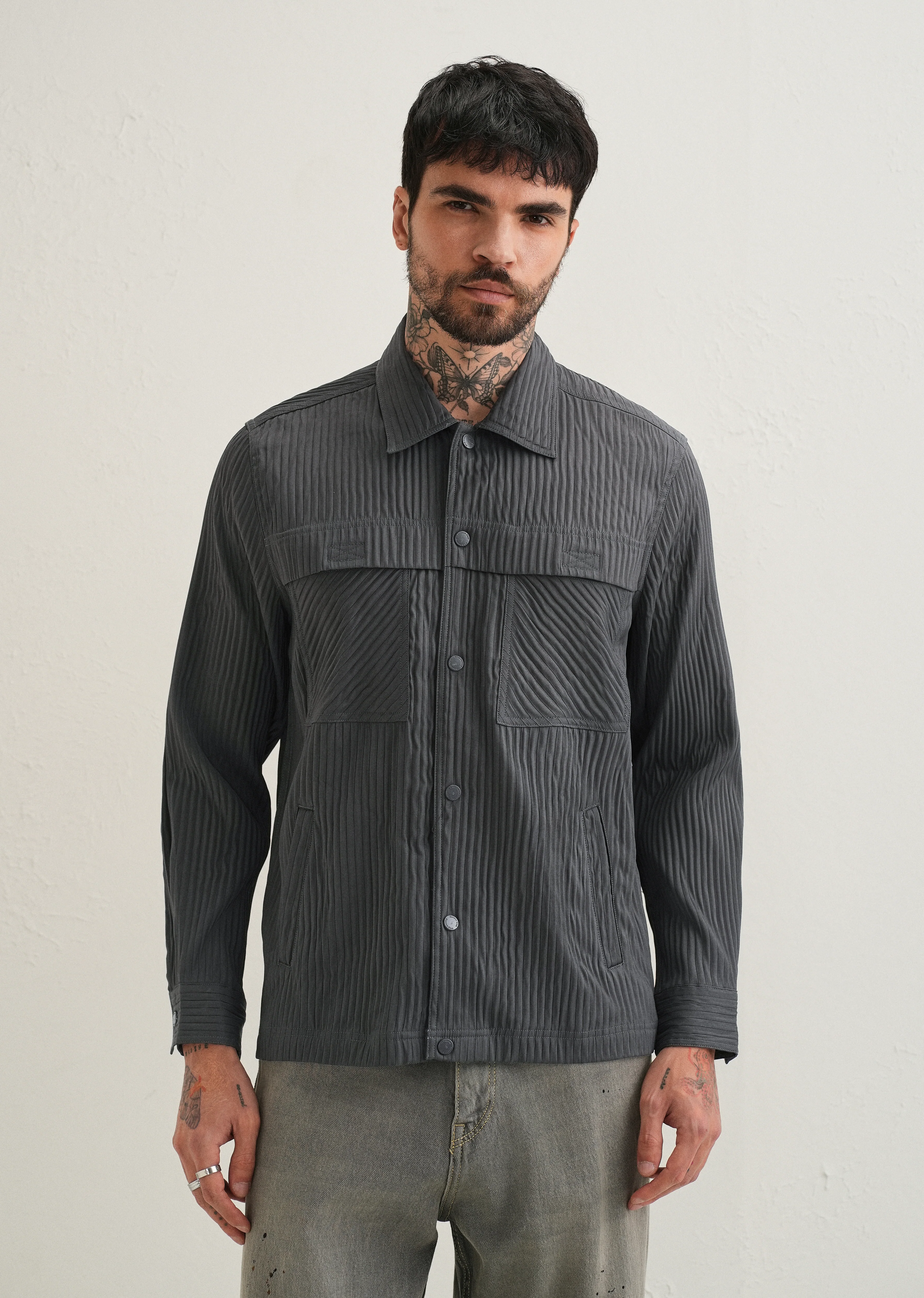 Dark Grey Textured Utility Shacket - Image 3