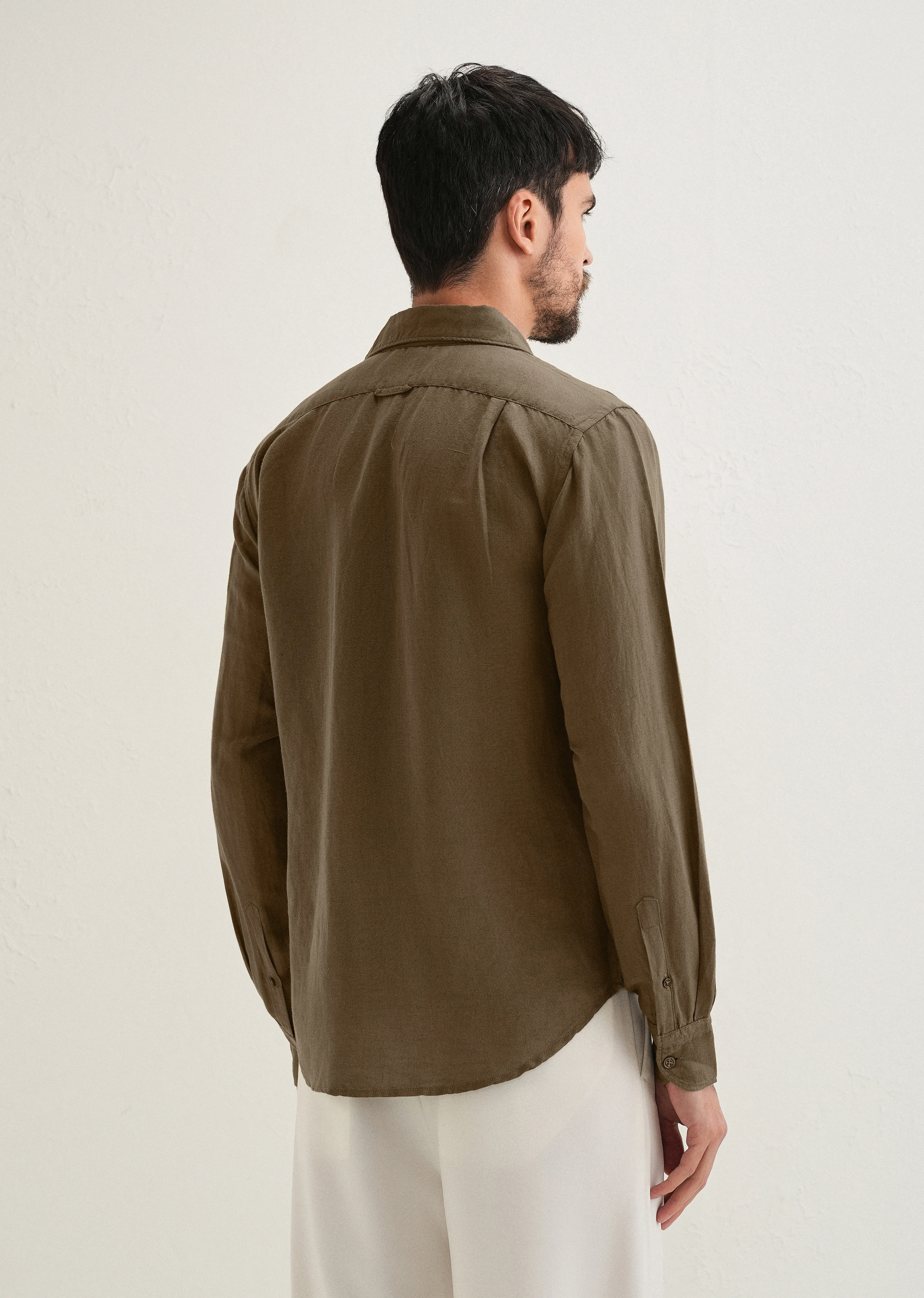 Dark Khaki Plain Linen Viscose Shirt - Image 3