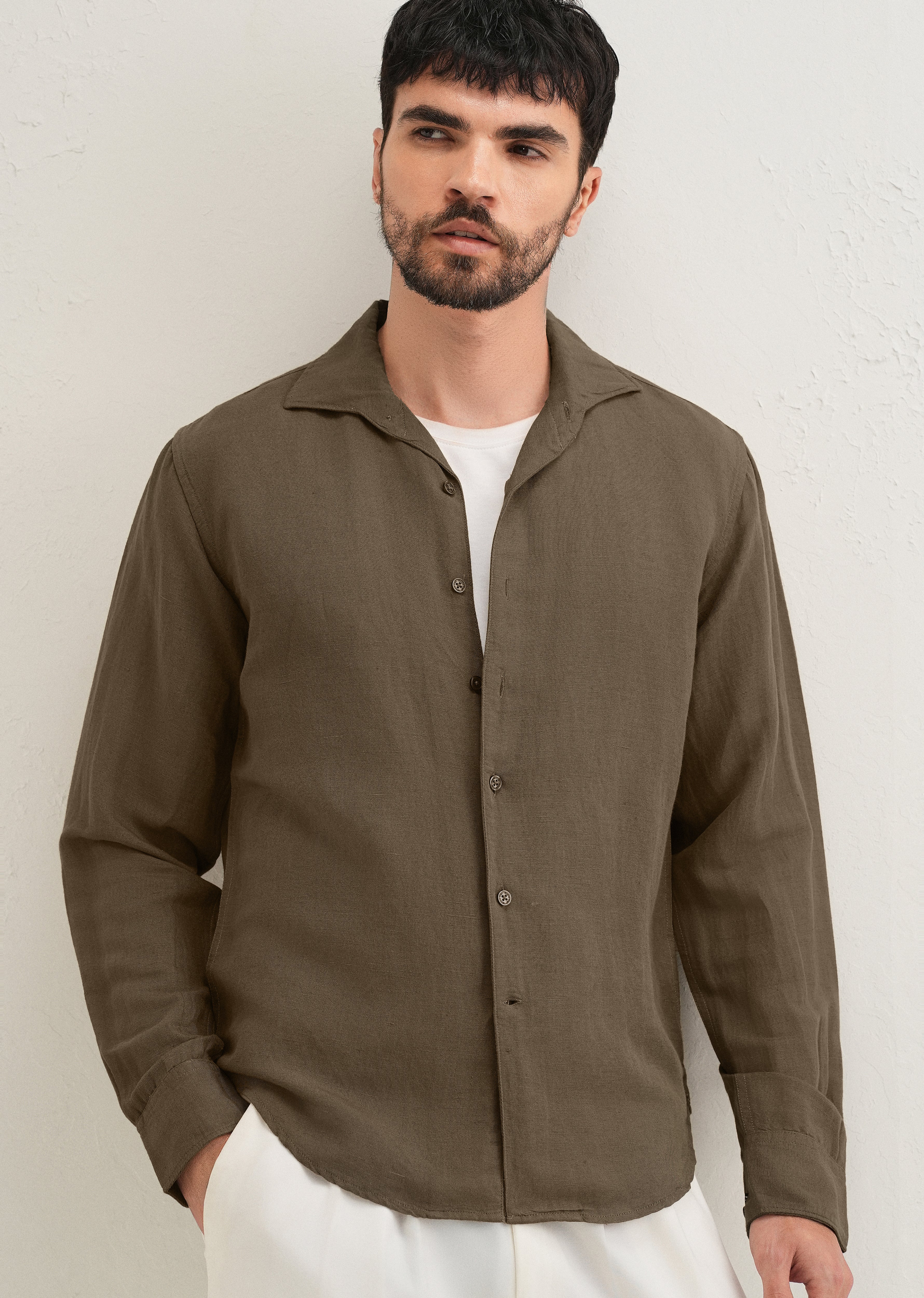 Dark Khaki Plain Linen Viscose Shirt - Image 7