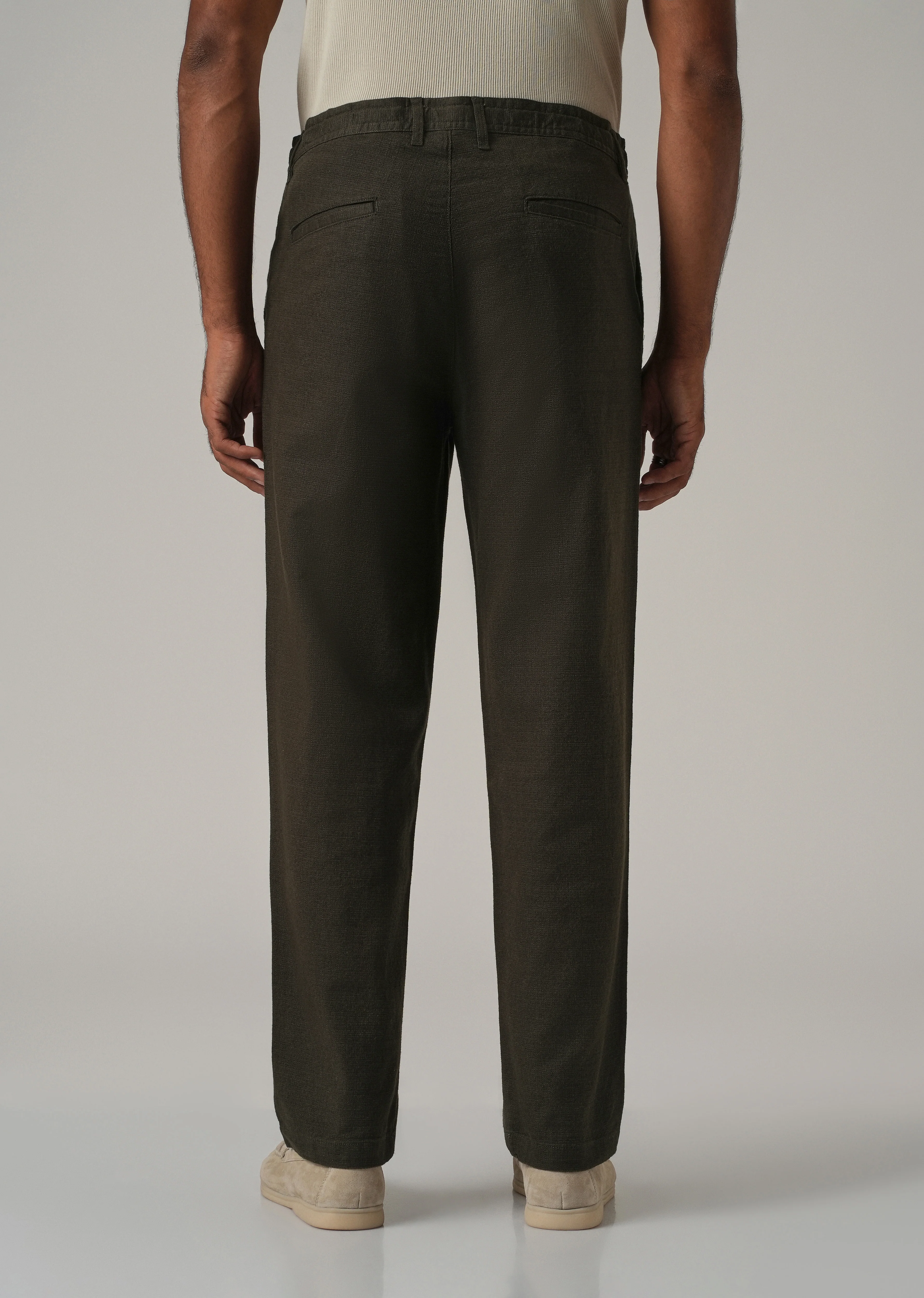 Dark Olive Linen-Look Cotton Trousers - Image 2