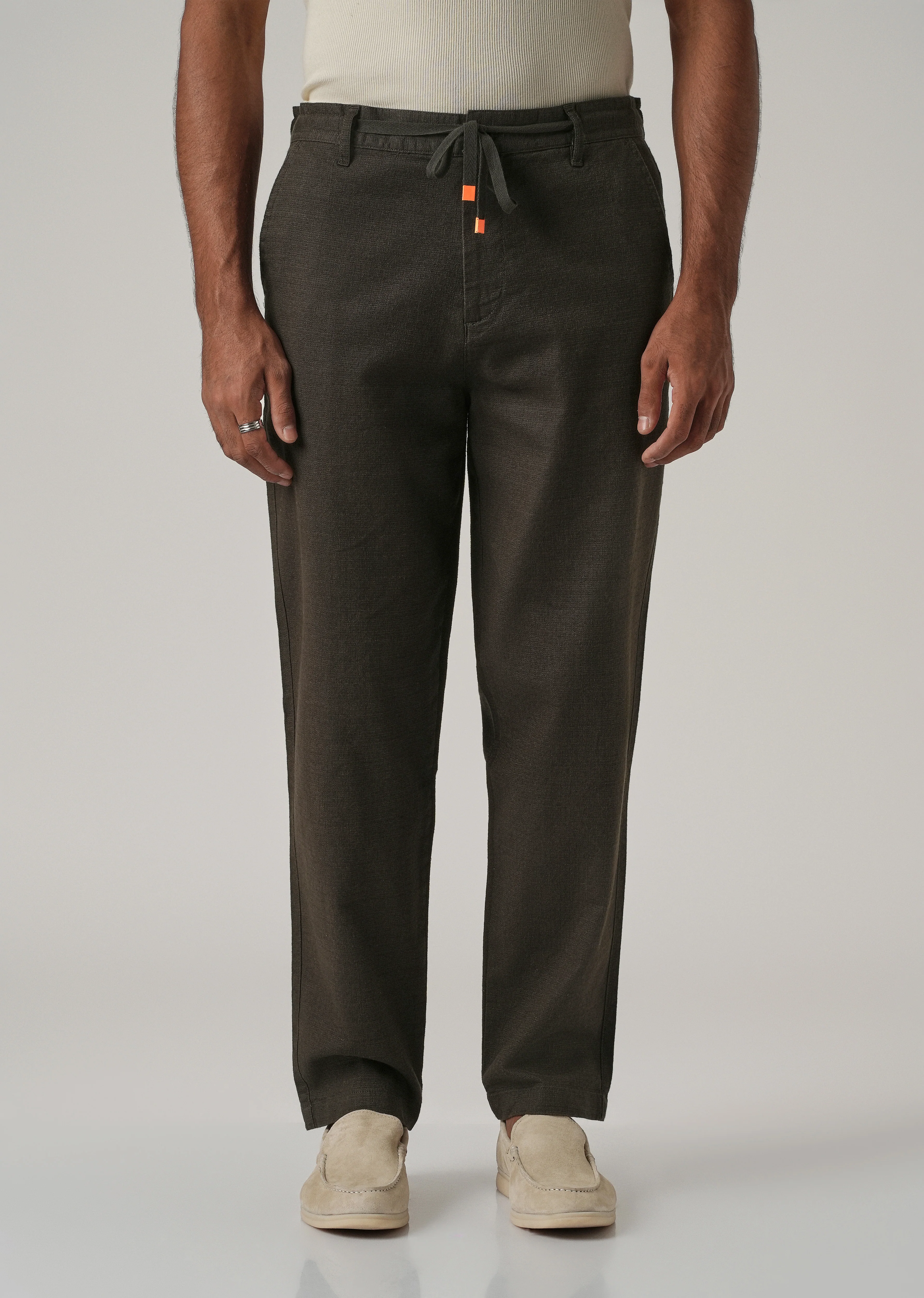 Dark Olive Linen-Look Cotton Trousers - Image 3