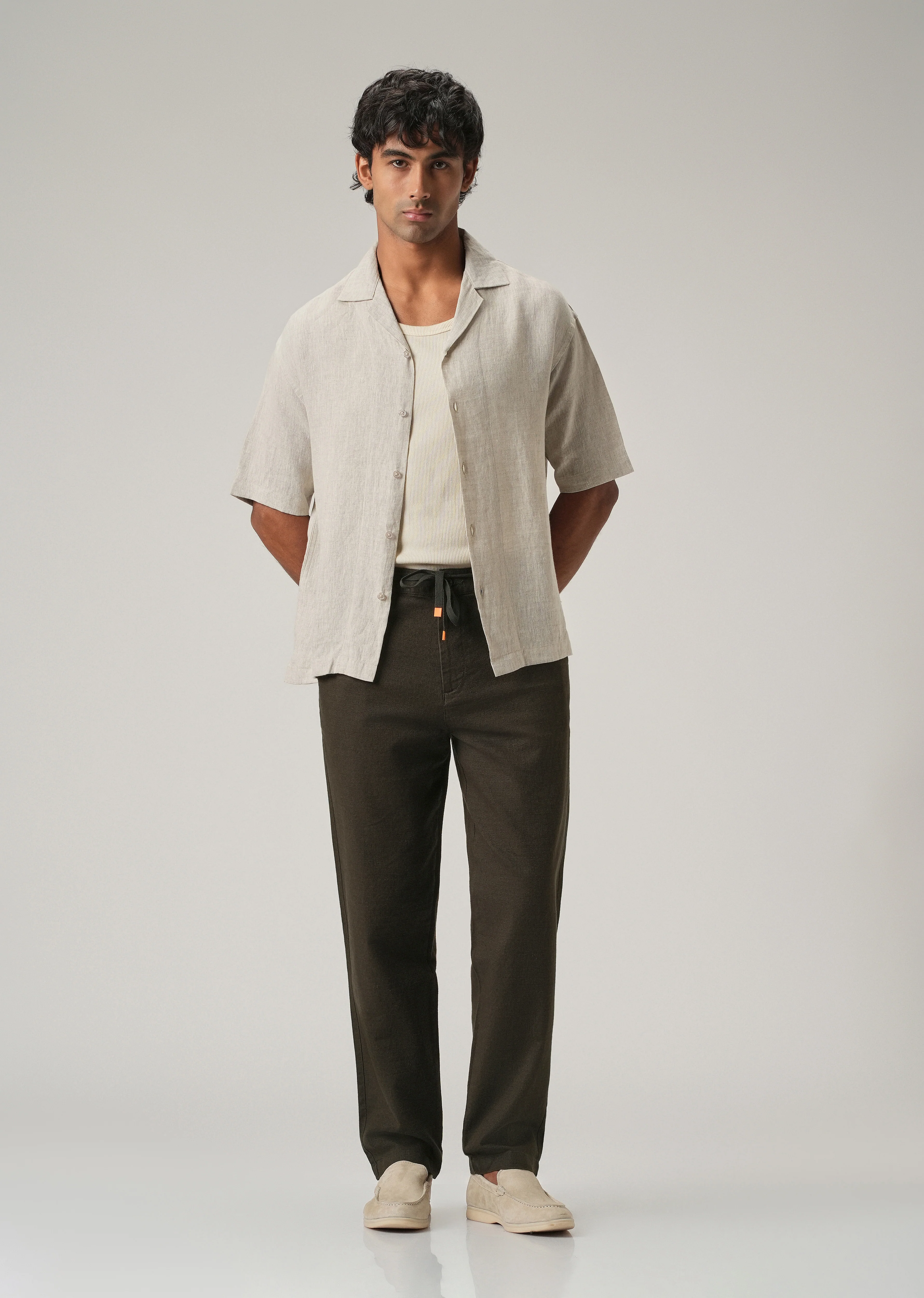 Dark Olive Linen-Look Cotton Trousers - Image 6