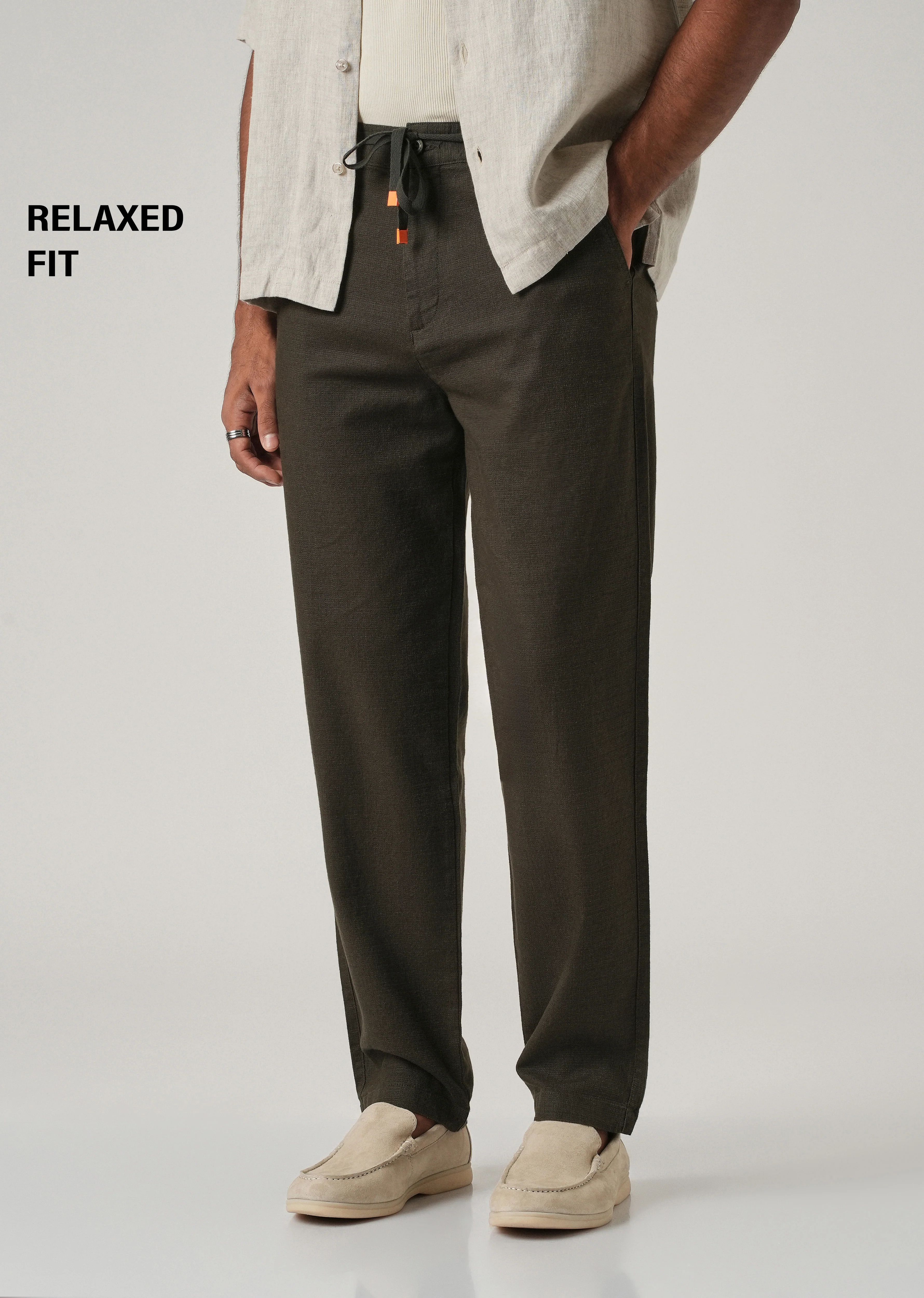Dark Olive Linen-Look Cotton Trousers - Image 7