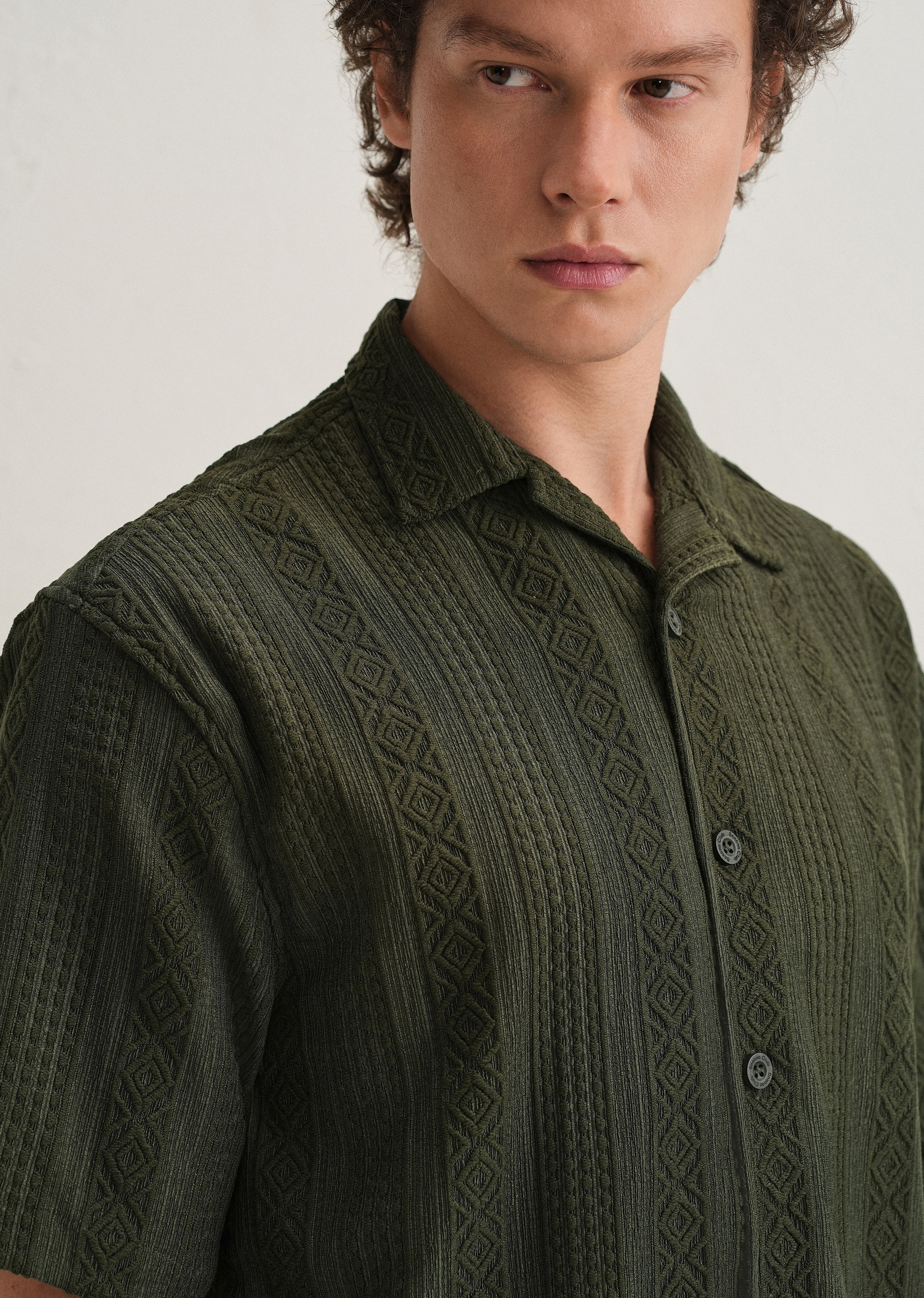 Dark Olive Green Geometric Textured Shirt - Image 2
